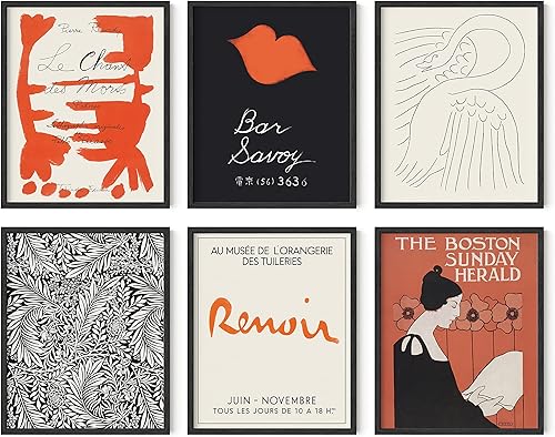 HAUS AND HUES Pósteres vintage  Juego de 6 cuadros rojos y negros, pósteres vintage para estética de habitación, impresiones vintage para decoración