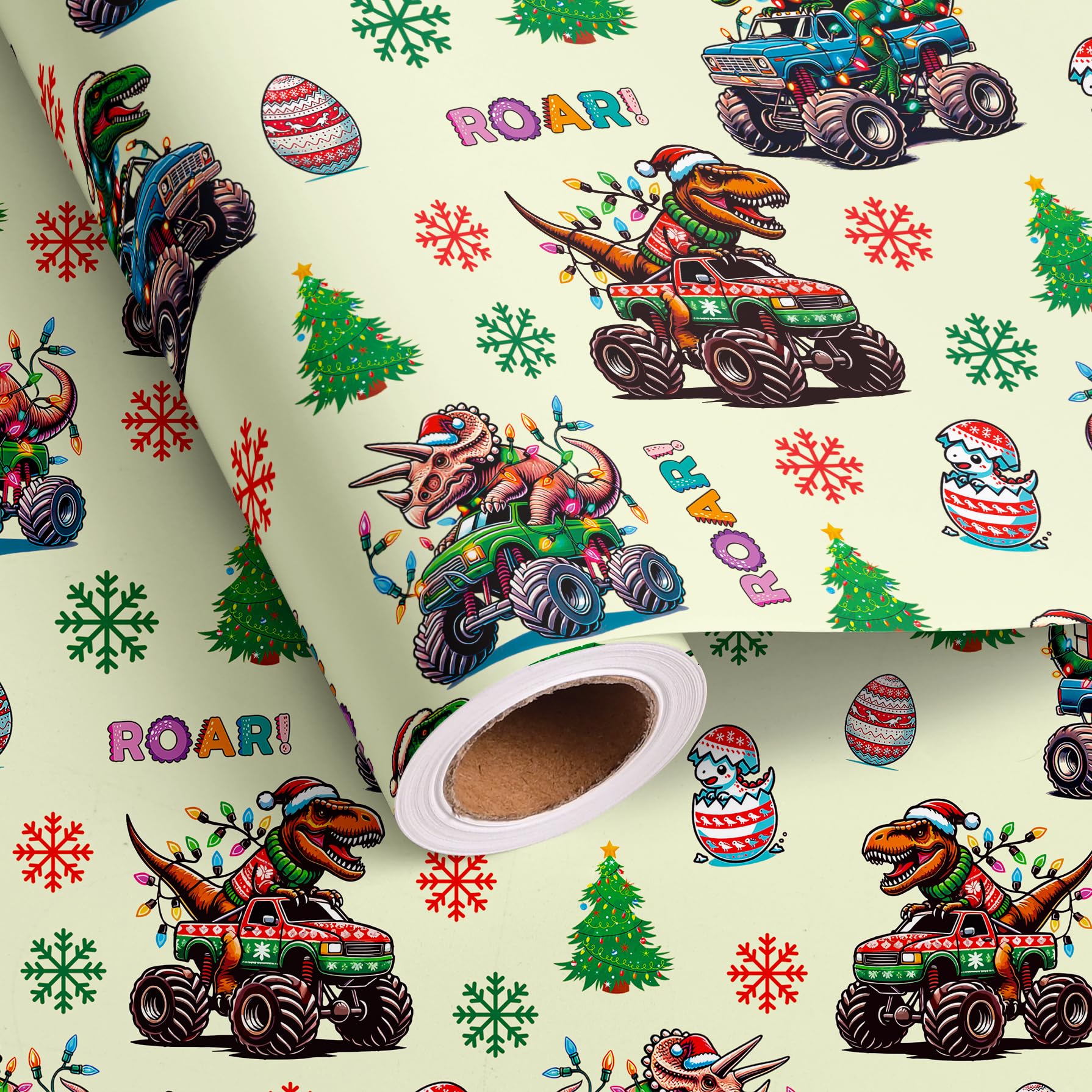 Dtiafu Dinosaur Christmas Wrapping Paper Roll for Boys Kids Monster Truck and Christmas Tree Unique Design Xmas Gift Wrap for Holiday Winter Party Celebration - Total 28.5sq.ft — image 1
