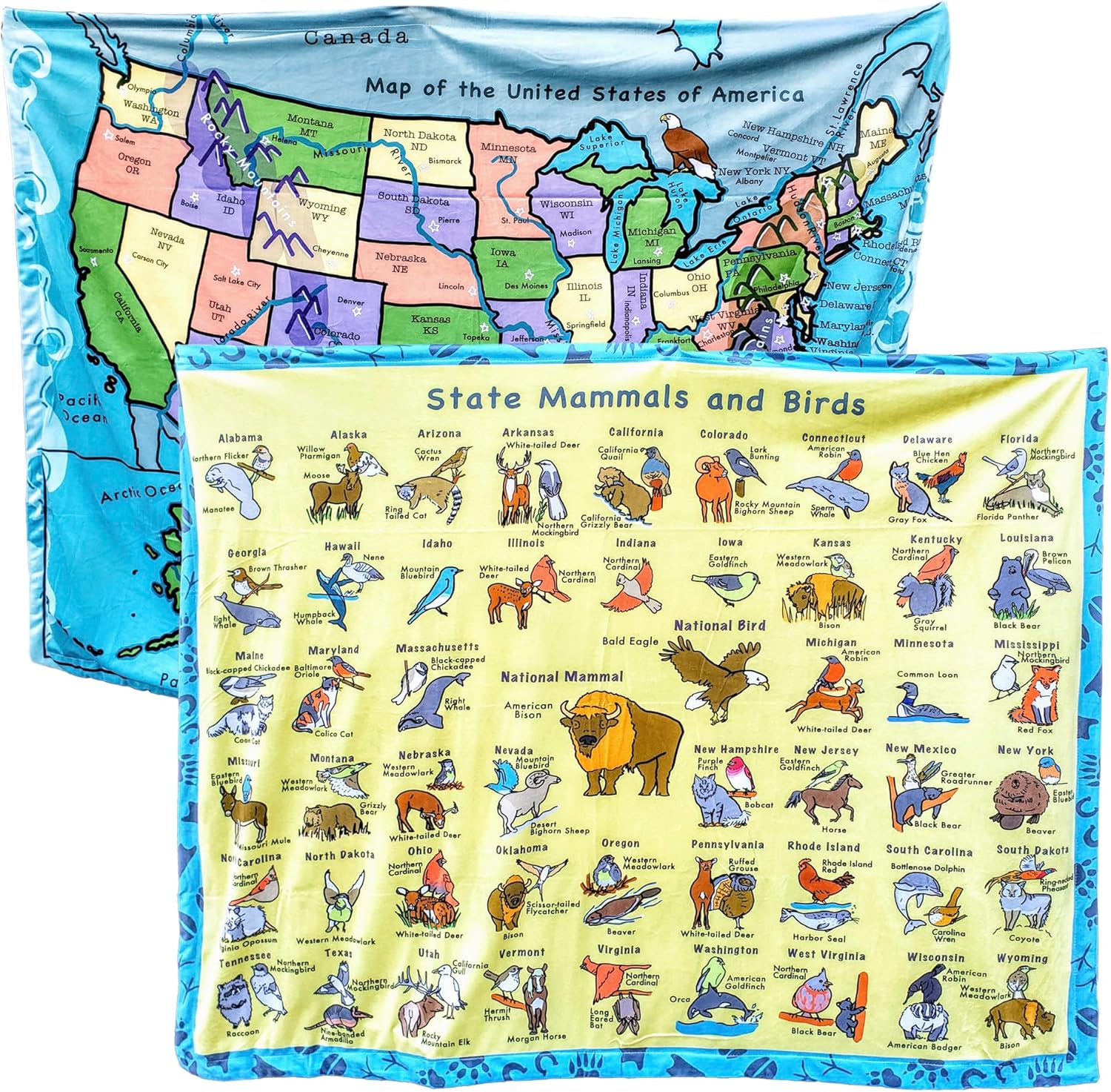 Birdy Boutique – 50 States Learning Blanket® – Double-Sided Throw – U.S. Geography Educational Blanket for Kids – Soft Minky Fleece 50" x 60" PreschoolBlanket – USA Map & State Facts for Toddlers