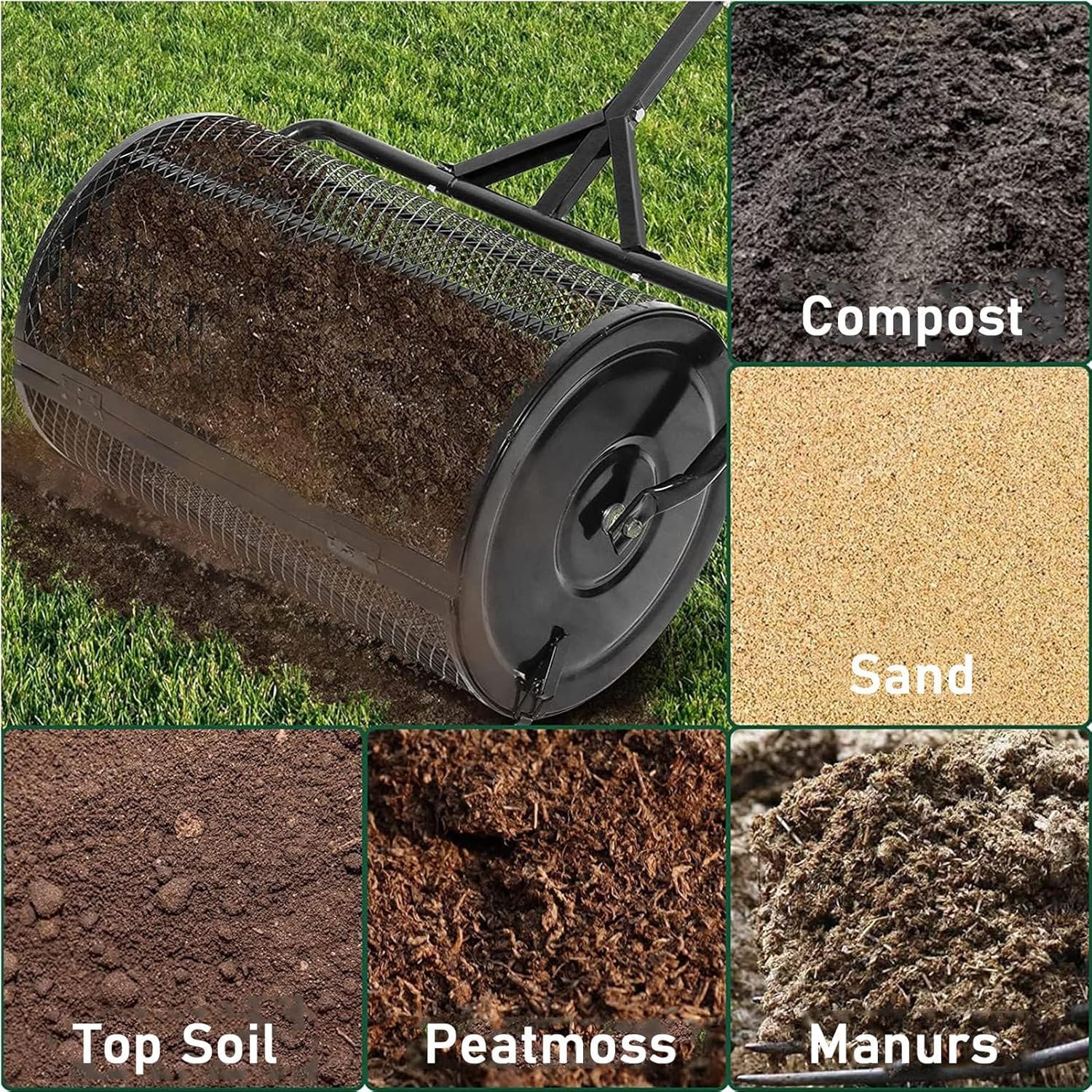 Distribuidor De Compost De 24", Tierra Vegetal, Tierra, Rodillo para Semillas con Mango En T Ajustable, Esparcidor Ligero De Malla Metálica para Jardín., Black, Separate32x60cm