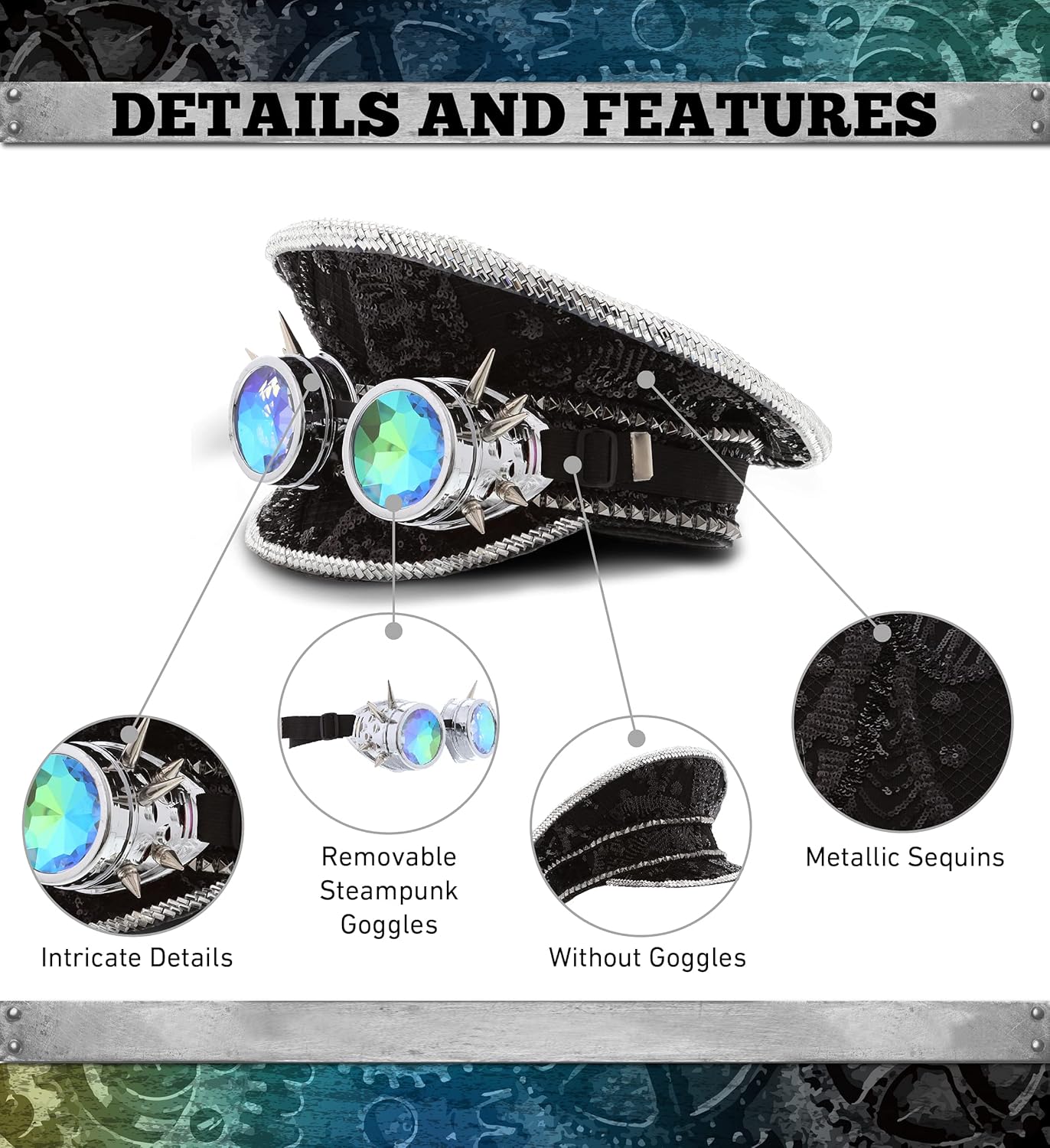 Black Sequin Steampunk Hat with Goggles - Halloween Party Hat