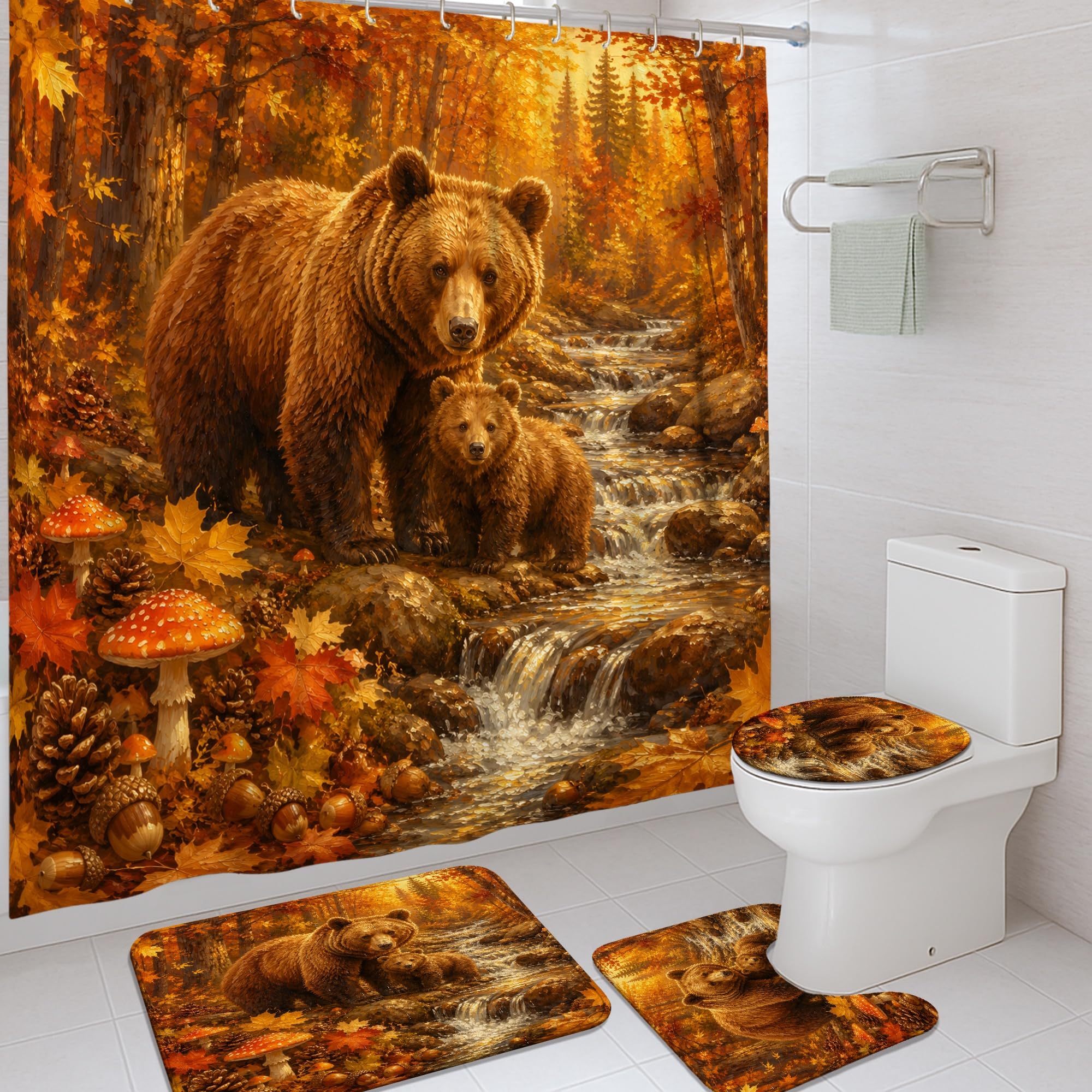 Rideau de douche ours et cascade marron en polyester imperméable 183x183cm