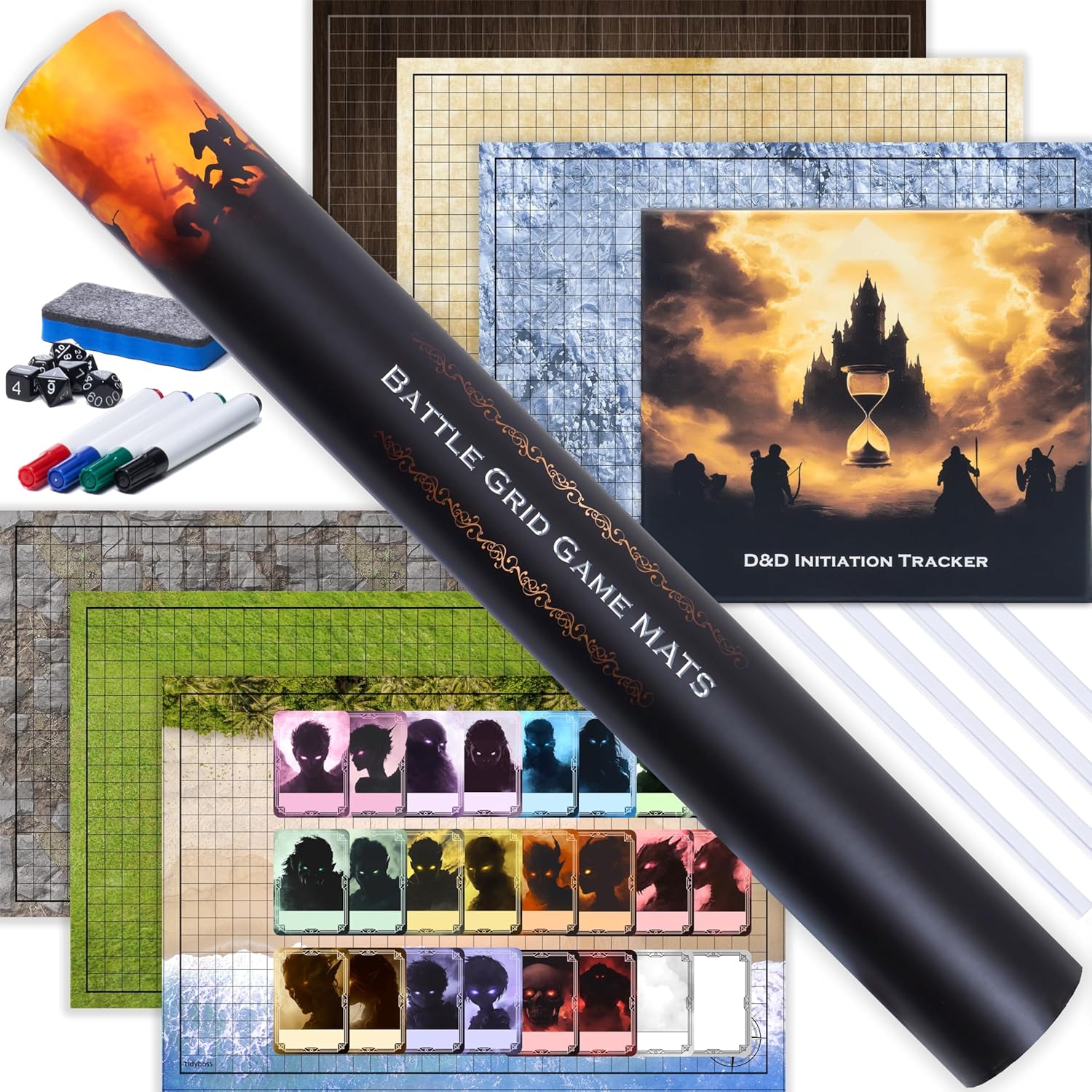 Tidyboss Dungeons and Dragons Starter Set | 3 X Double Sides 24x 36 Game Grid Mat with 50pcs Erasable Combat & Initiative Tracker | 6 Terrains Includes Dry Erase Markers, Eraser, Dice and Clips