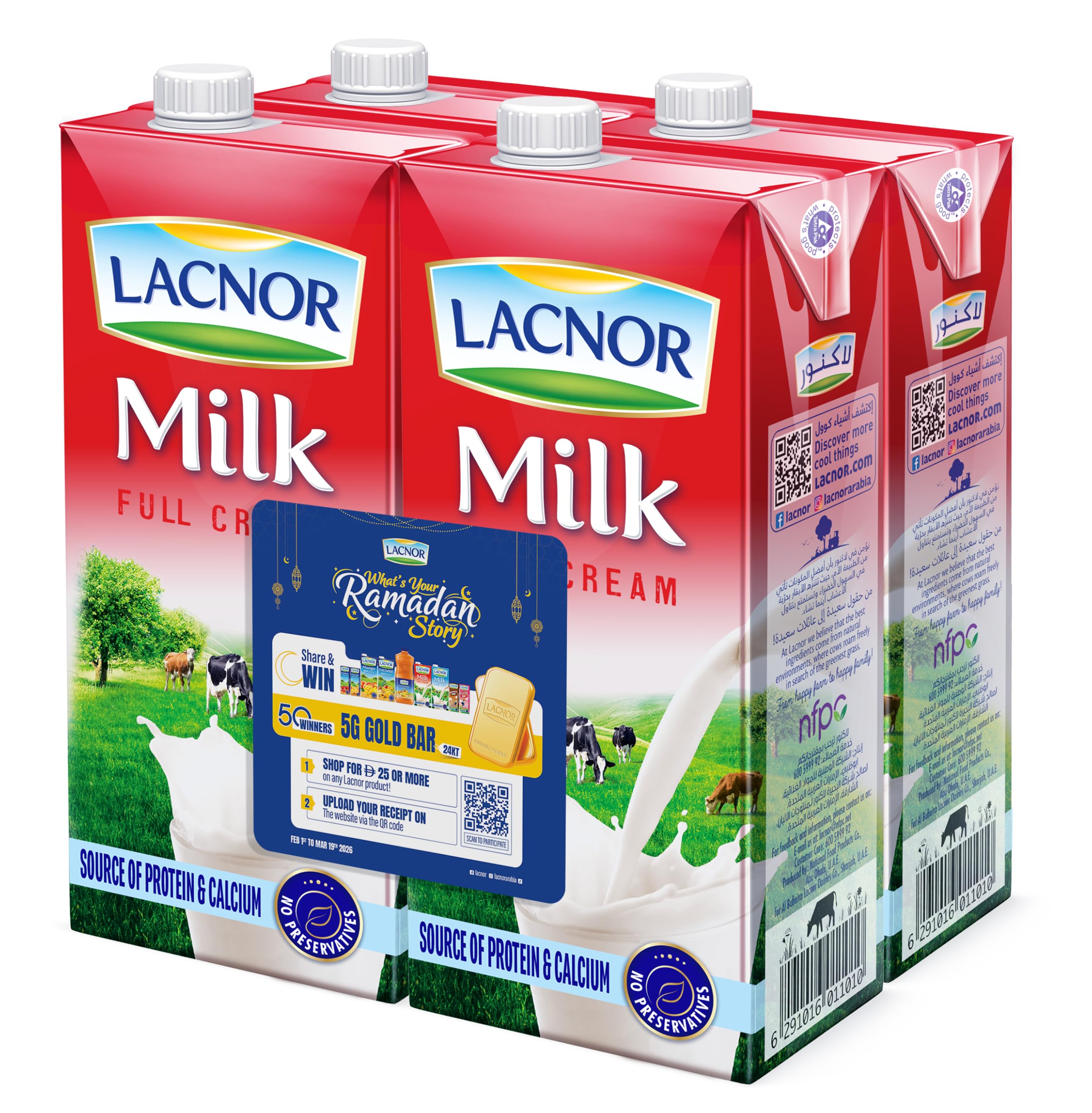 Lacnor Full Cream Milk - 1 Litre (Pack of 4)