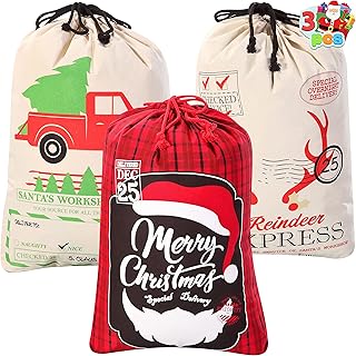 JOYIN 3 PCS Santa Sacks Christmas Canvas Burlap Gift Bags Personalized Storage with Drawstring 26