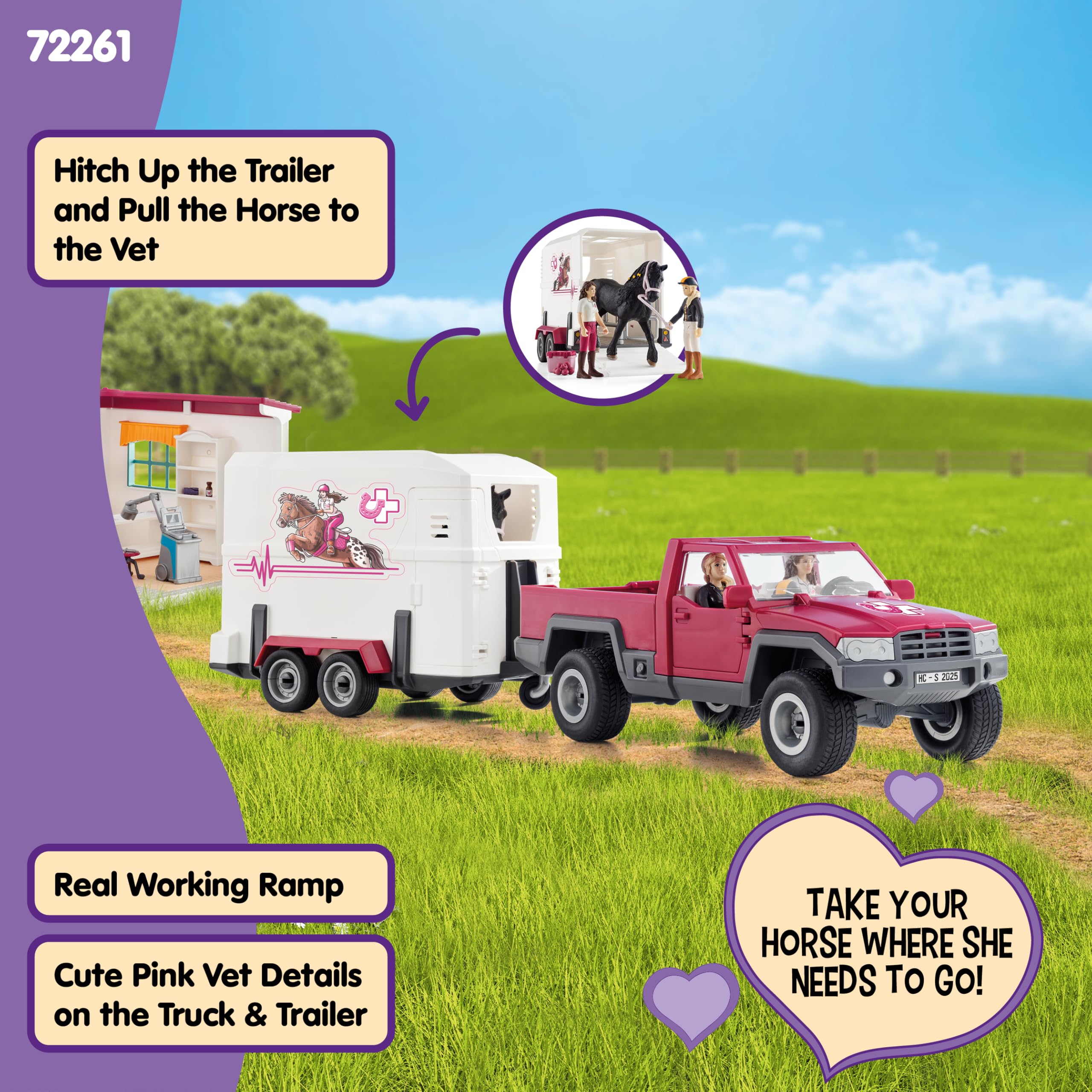 schleich HORSE CLUB | Wizyta u weterynarza 72261 | Zestaw z domem, pick-upem, przyczepą, 2 figurkami, koniem i akcesoriami | idealny prezent dla dzieci od 5 lat | 61 elementów