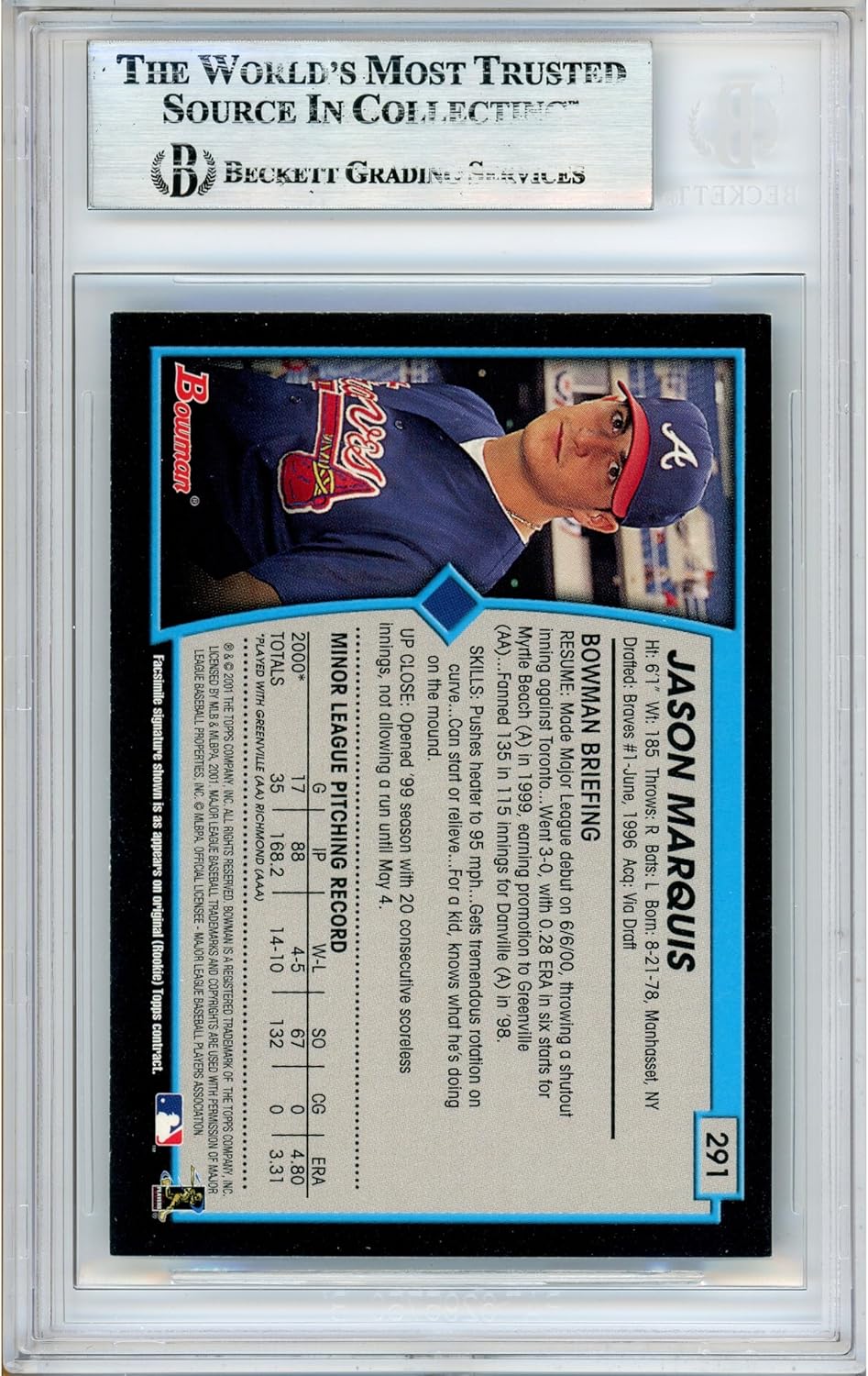 Jason Marquis Autographed 2001 Bowman #291 Baseball Trading Card Slabbed Beckett BAS Authentic Slab COA Played For Atlanta Braves MLB