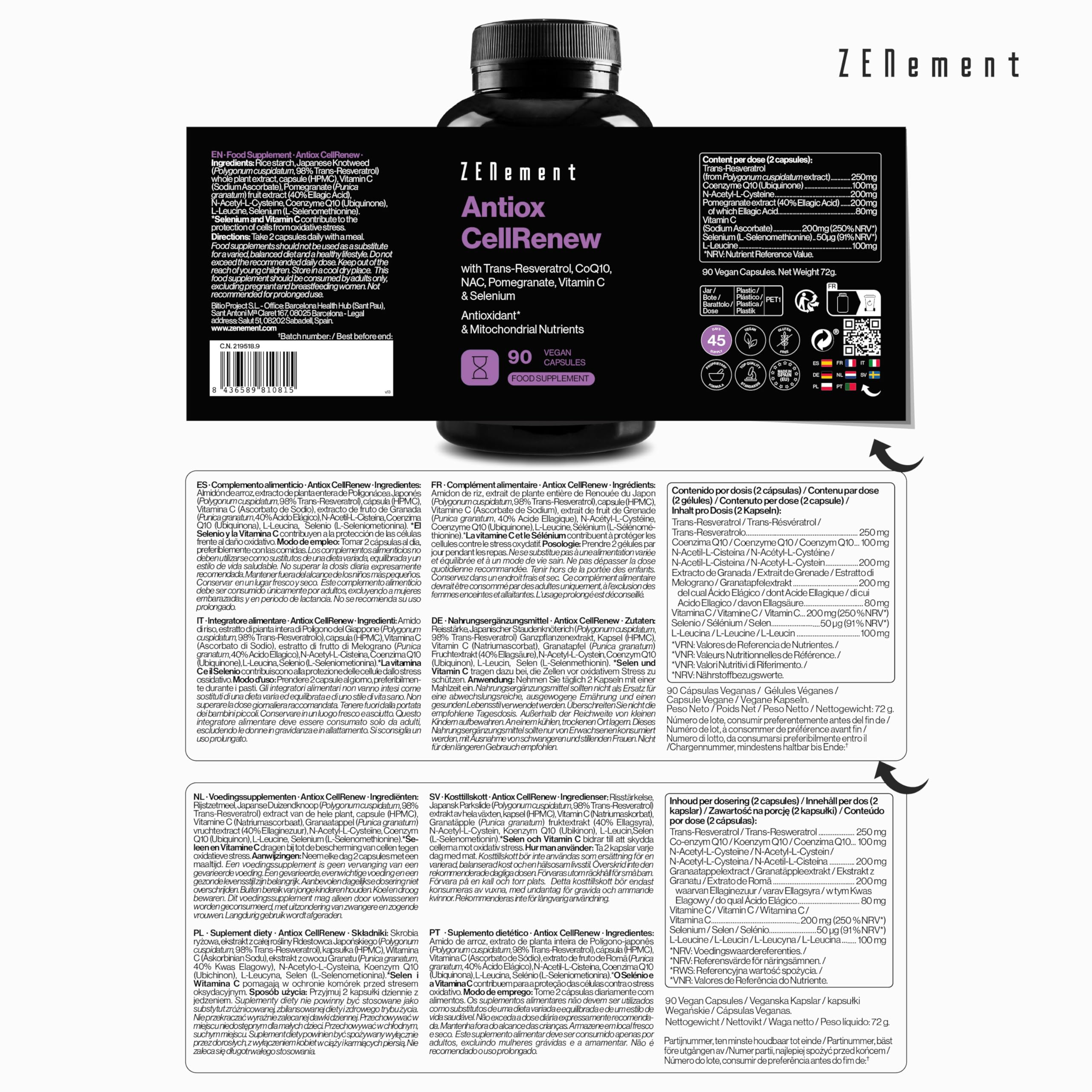 Antiox Complex con Trans-Resveratrol, CoQ10, NAC, Melograno, Vitamina C e Selenio - Antiossidante e di Supporto all'Energia Cellulare, 90 Capsule Vegane - Zenement