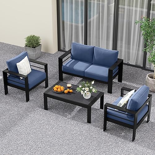 Miniatura 9 de Solaste Juego de muebles de patio de aluminio para todo tipo de clima, juego de muebles de exterior de metal de gran tamaño con asientos profundos