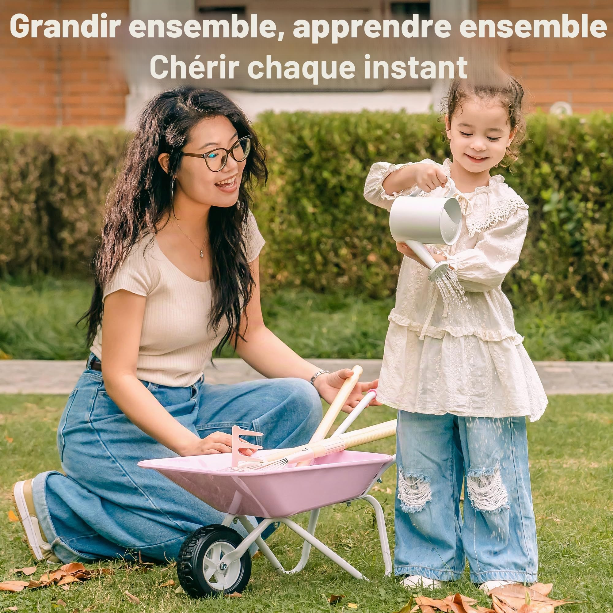 ROBOTIME Ensemble d'outils de jardin pour enfants en métal & outils de plantation, set de jardin grand format 5 pièces vert olive avec manche en bois de pin réglable, arrosoir, râteau, pelle, pour
