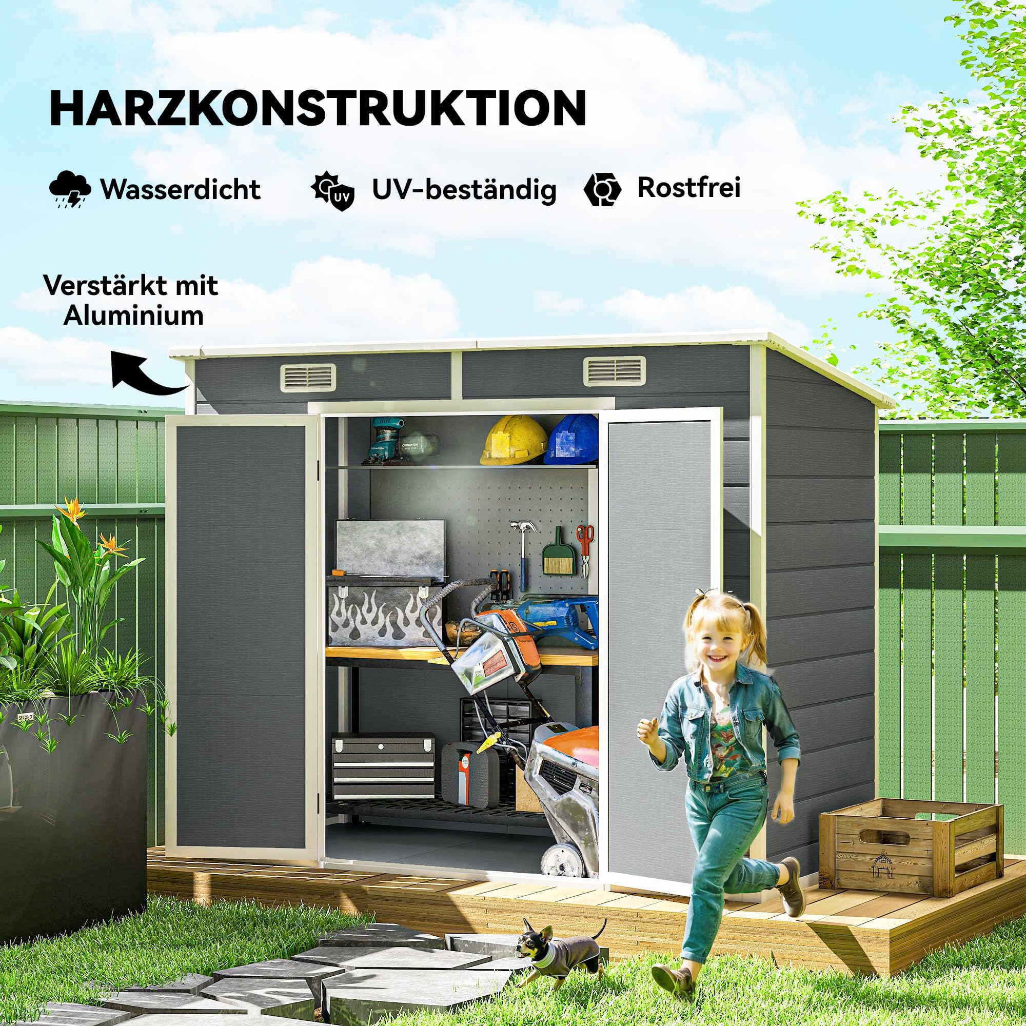 Outsunny Domek na narzędzia 2,54 m², wodoszczelny domek ogrodowy z dachem jednospadowym, 238 x 125 x 183/165 cm, szopa na narzędzia z zamykanymi drzwiami, okno, garaż rowerowy, szafka ogrodowa z