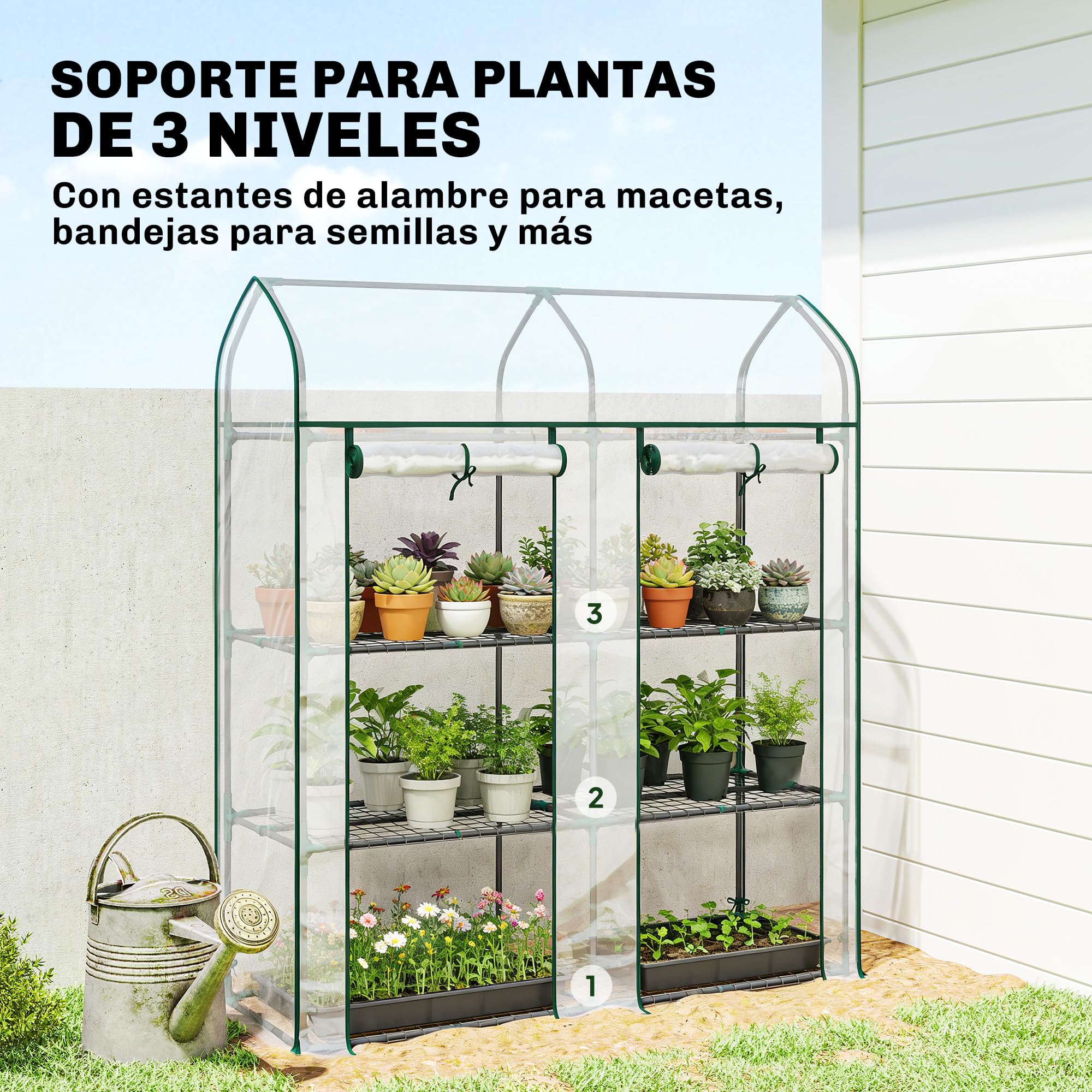 Outsunny Invernadero Pequeño de 3 Niveles 143x46x165 cm Transparente | Invernadero de Exterior, 2 Puertas Enrollables, Marco de Acero, Cubierta de Plástico Anti-UV, para Cultivar Plantas, Flores