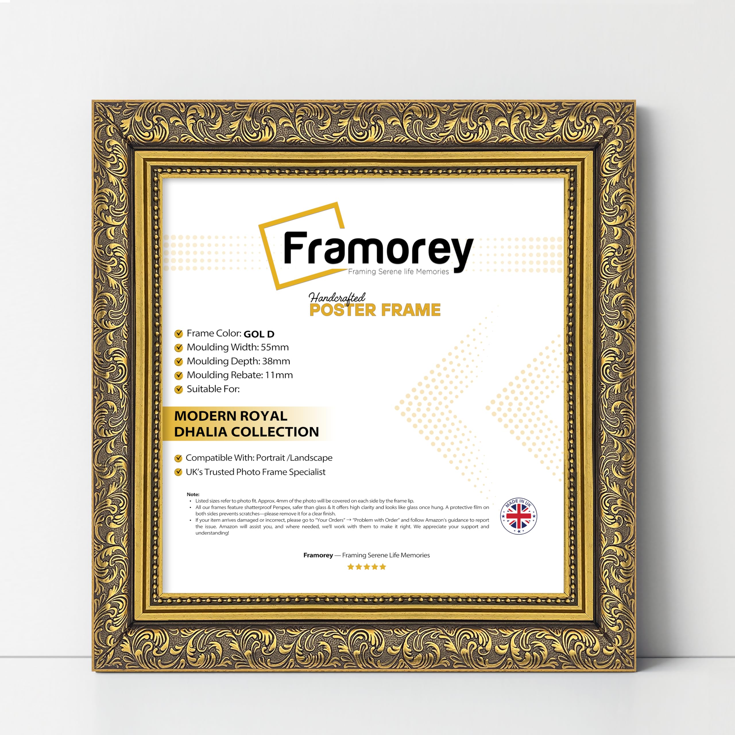 FRAMOREY Square Size Picture Frame, 9x9 Inch Size Gold Photo Frame, Dahlia Ornate Effect Wall Art Poster Frame, Casual Wall Art Frames