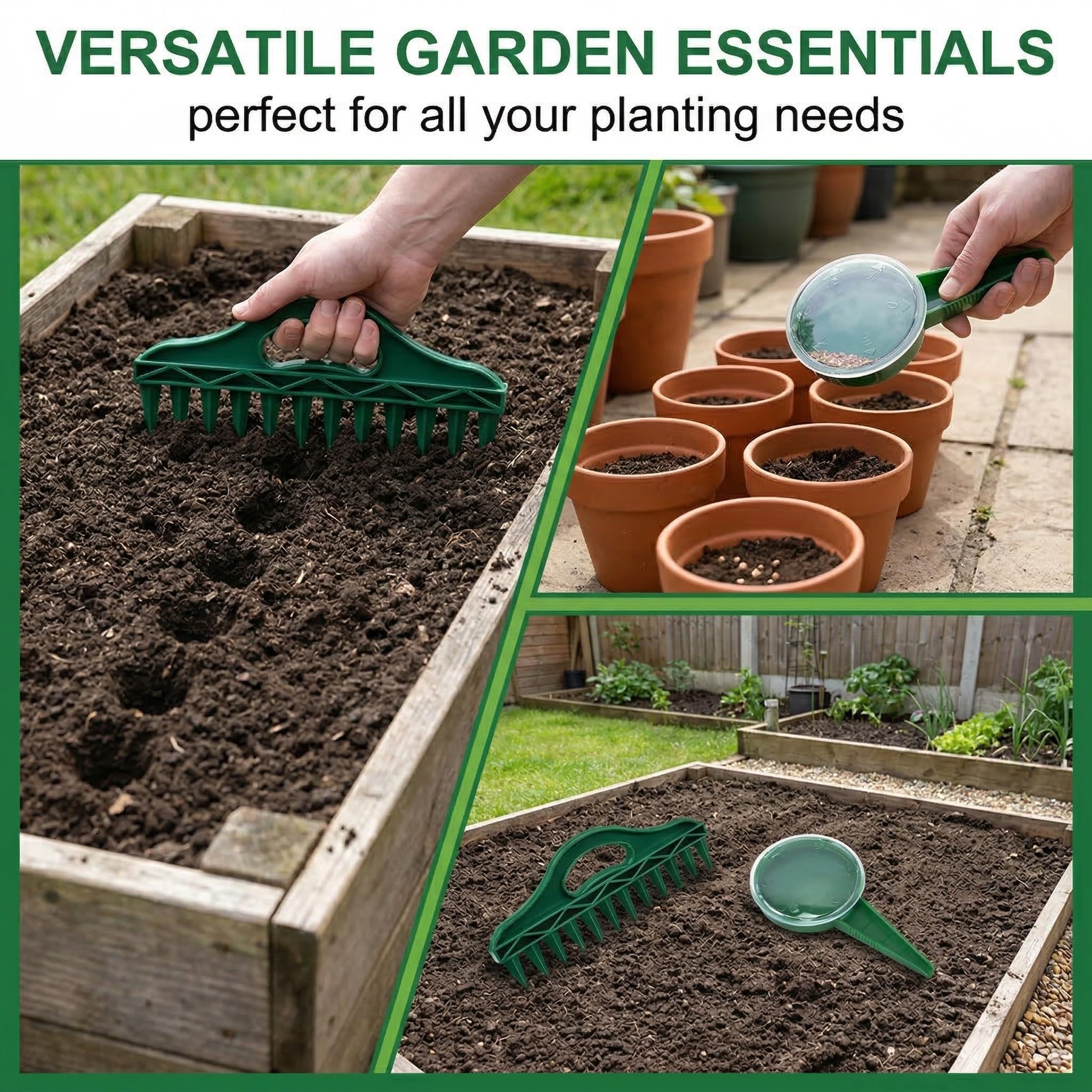 2pcs Seminatore manuale regolabile con 1 pc rastrello verde scuro per piantare verdure frutta e fiori per appassionati di giardinaggio