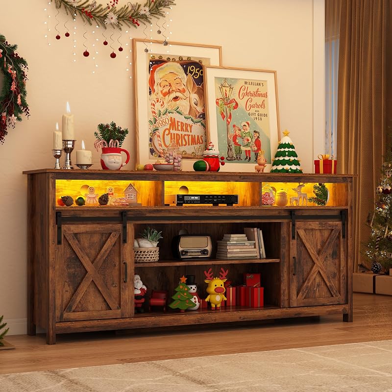 70" LED Farmhouse TV Stand for 80/75/70 Inch TVs,Tall Entertainment Center Storage Cabinets w/Power Outlets and Sliding Barn Door,Rustic TV Stands for Living Room,Media Console Cabinet (Brown) image 3
