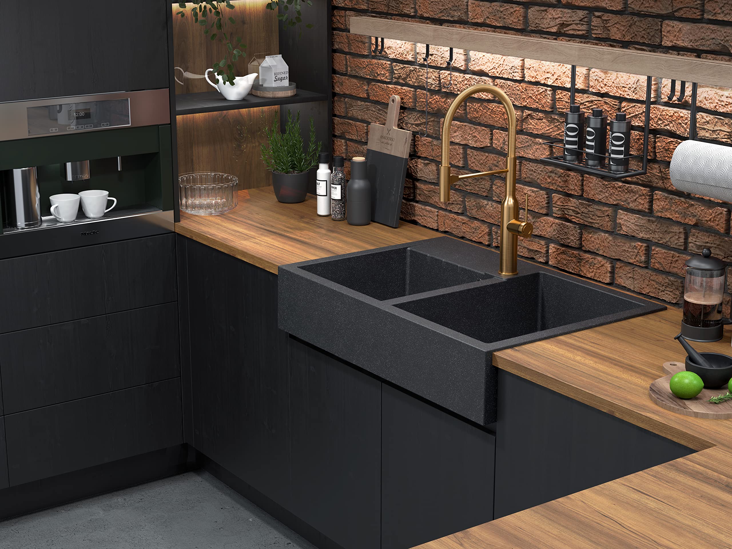 VBChome Spülbecken 90 x 62 cm Bauernhaus-Küchenspüle Doppelschüssel Schwarz Granit Rechteckig Einbauspüle Gesprenkelt Großes Tiefes Becken Granitspüle + Siphon