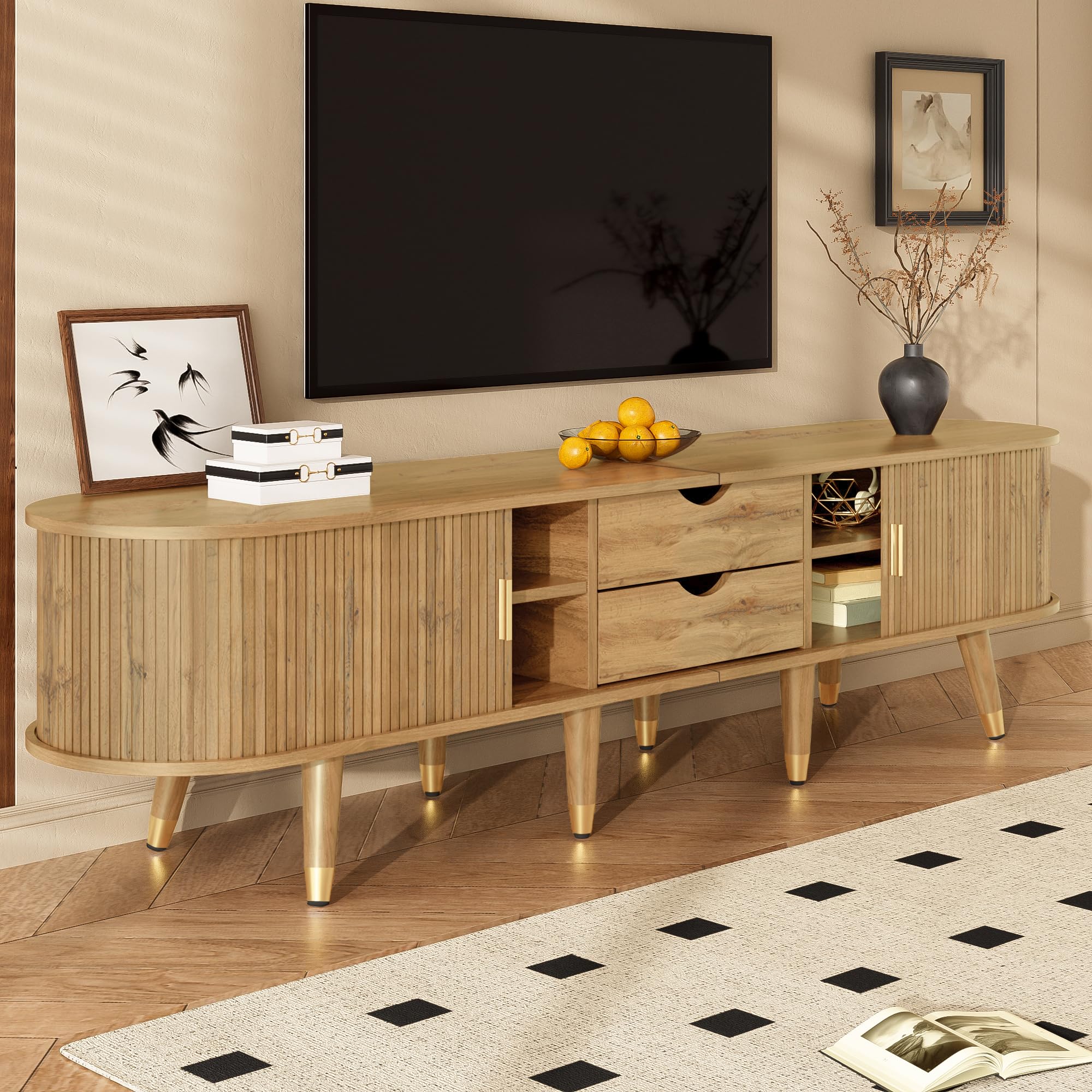 Mobile basso per TV, 175 cm, noce, con anta scorrevole in rattan, scomparti aperti e cassetti, portata 60 kg, stile rustico per soggiorno