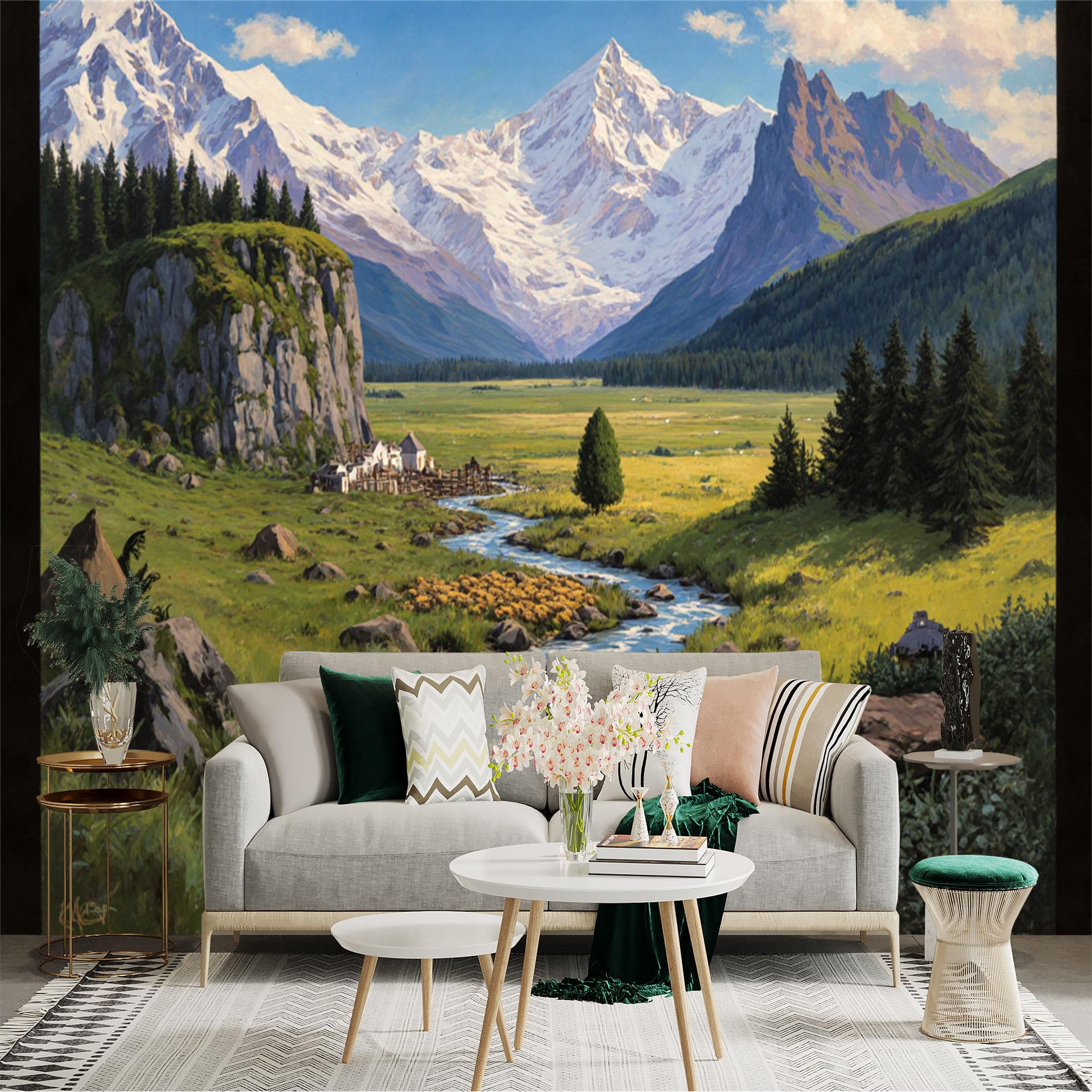 Lnzczhyre Xc260505709 Custom Size Wall Sticker Mural， Majestic Snowy Mountains， Peaceful Alpine Valley， Flowing River Landscape， Natural Scenic View， For Wall Decoration， Peelandstick Wall Decals.