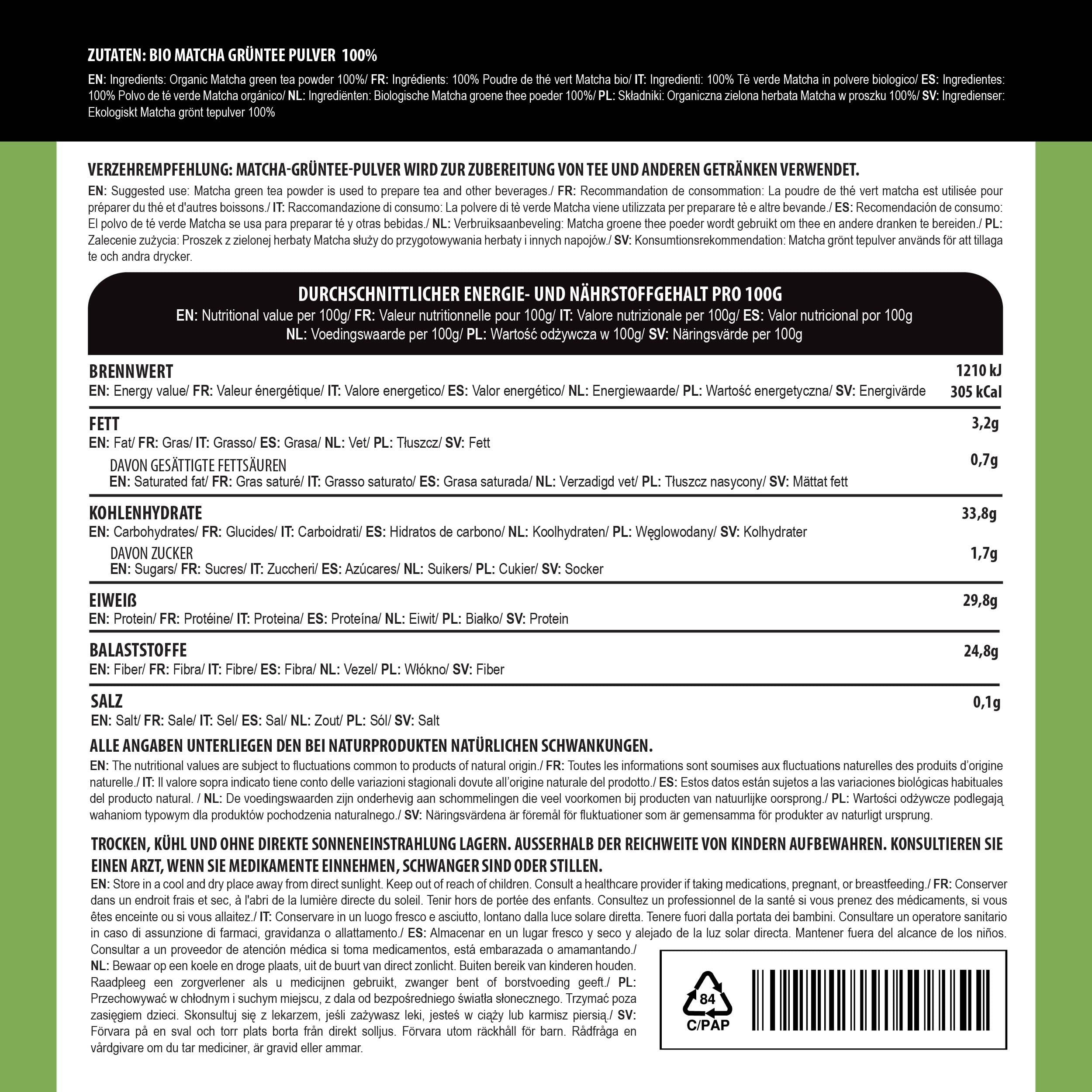 Alpi Nature Matcha Orgánica en Polvo 200g, Té Verde Matcha de Primera Calidad con Cafeína Natural