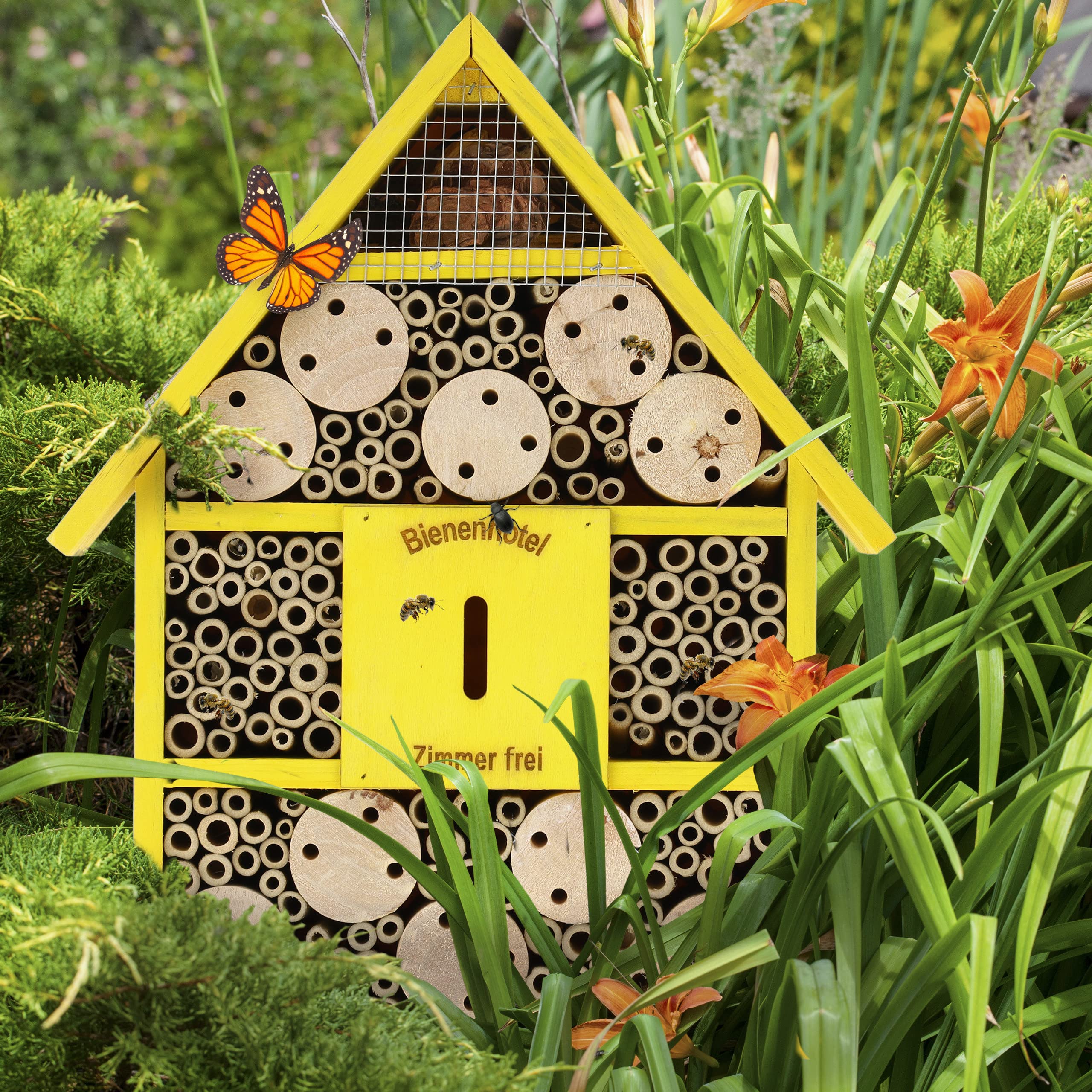 Relaxdays Hôtel à Insectes en Bois, à Suspendre, pour Abeilles Sauvages, HLP env. 38x29x9 cm, Jardin et Balcon, Vert