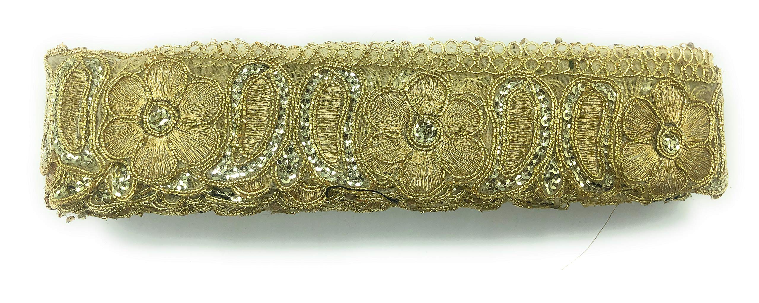 L A C E S T Y L E S, LSL A C E S T Y L E S, LS 38MM Size Embroidery Sequence Floral LACE for Saree Kurti Dupatta BHAGWAN POSHAK (9 Meters) (Gold)