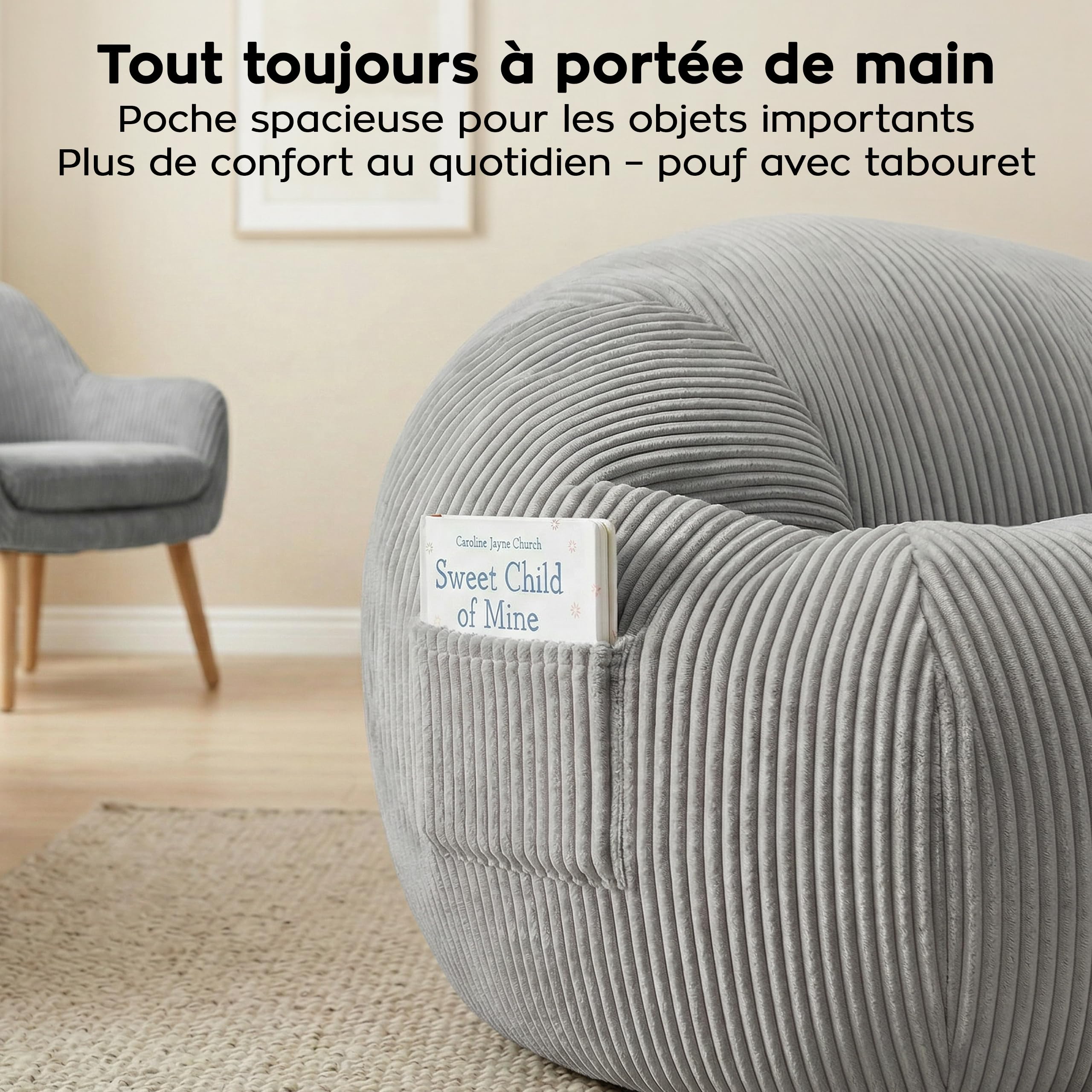 MARK ADLER Comfy 3.0 Fauteuil Pouf XXL avec Repose-Pieds en Velours Côtelé – Ensemble Siège de Sol – Bean Bag Salon Moelleux avec Poche et Poignée - Idéal pour, Terrasse et Jardin – Gris