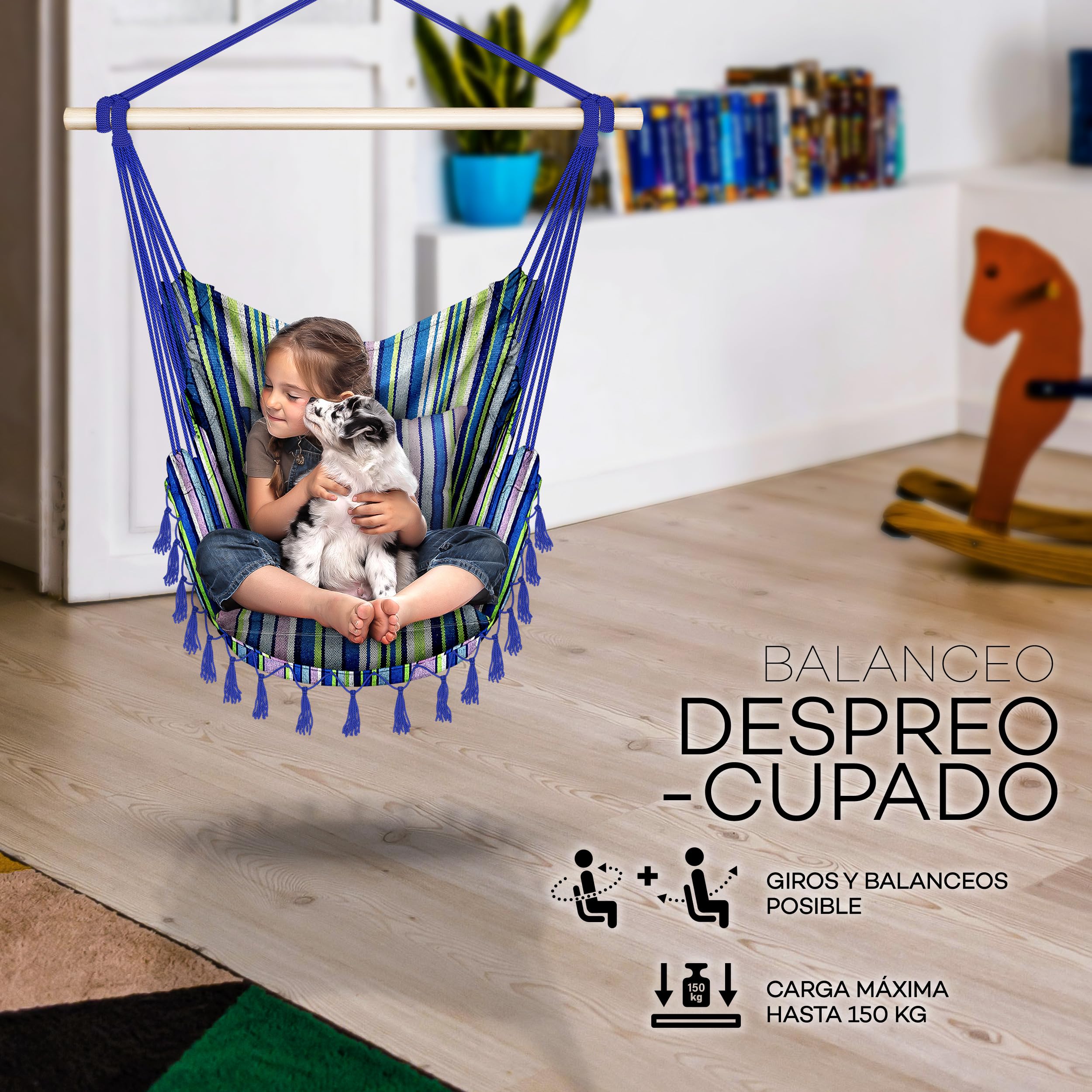 tillvex Silla Colgante hasta 150 kg | Columpio para Colgar en Exterior e Interior | Hamaca con Cuerda, Cojines y Flecos | Kit de Suspensión para Jardín, Terraza, Balcón (Multicolor (con 2 Cojines))