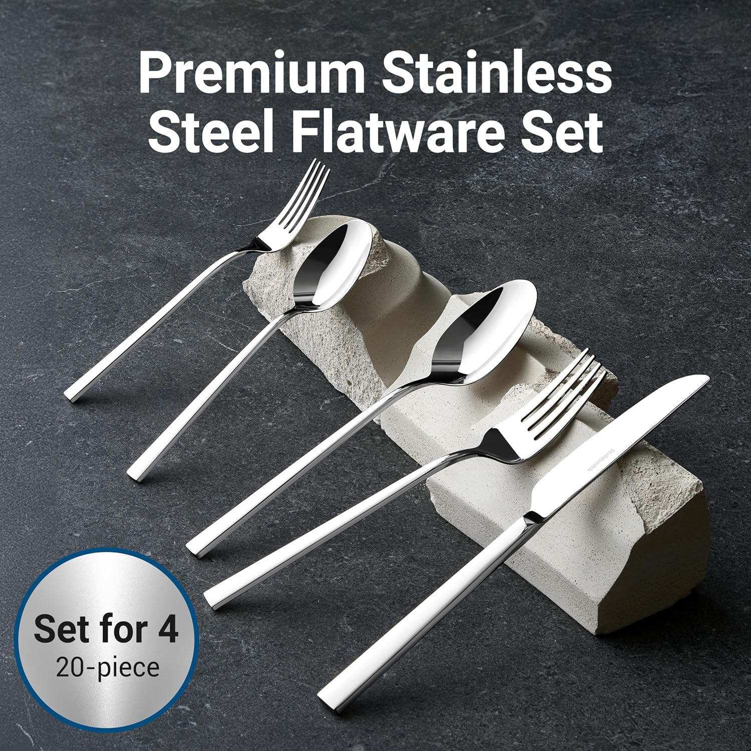 Essen Flatware Set for 4, 20-Piece Silverware Set, Premium 18/10 Stainless Steel Utensils with Mirror Finish, Modern Silverware for Daily Use, Hosting, or Housewarming Gifts