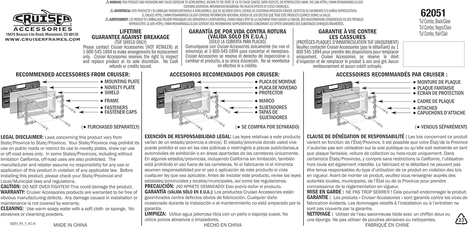 Cruiser Accessories 62051 Tuf Combo License Plate Frame, Black/Clear,1 Frame