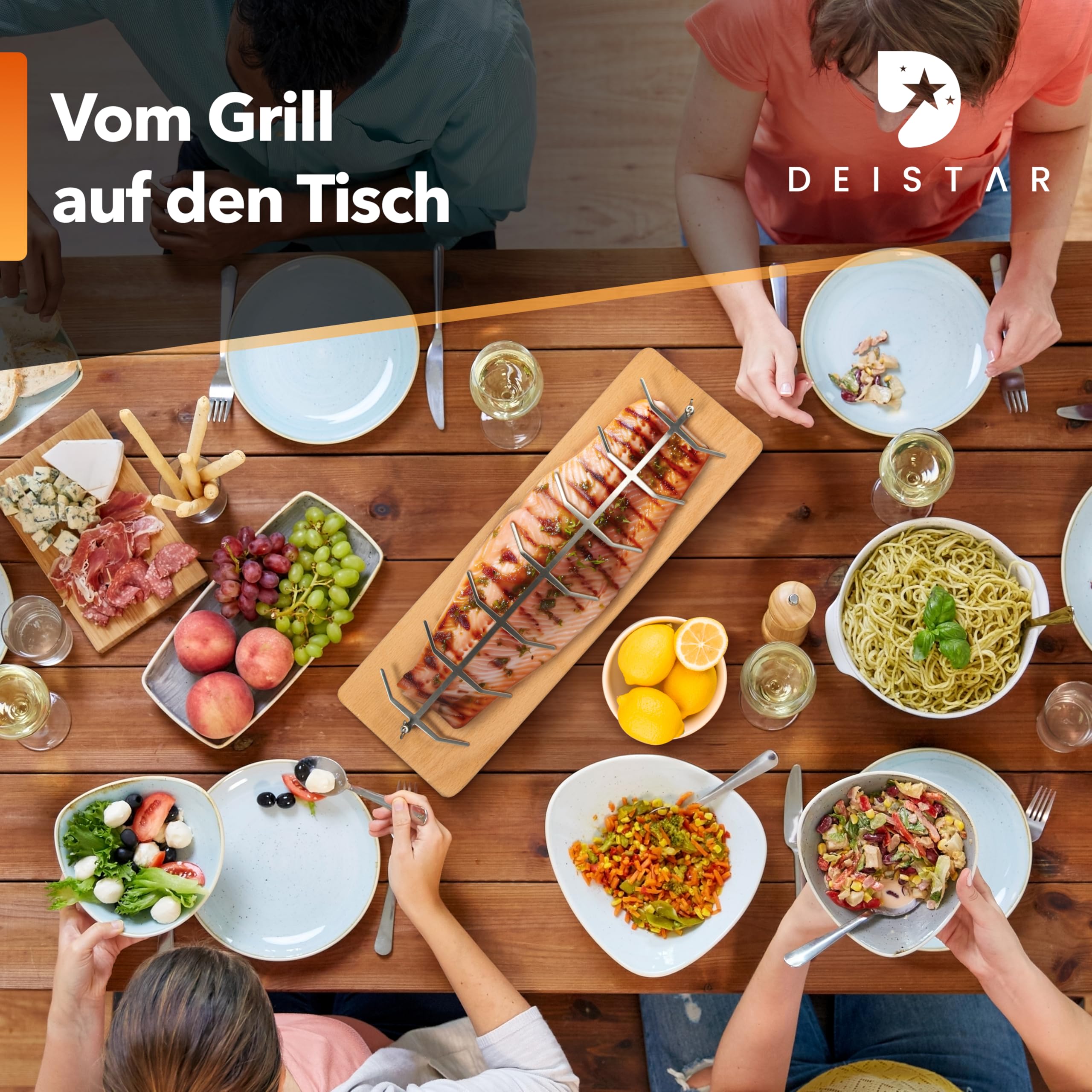 Flammlachsbrett mit Halterung 100% Buchenholz – Edelstahl Halter – 55 cm – Grillbrett für Flammlachs BBQ