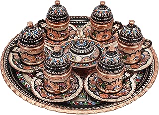 Handcraft Ideas 27-Piece Turkish Coffee, Espresso and Tea Set - Handmade Serving Set for 6 Includes Cups, Saucers, Sugar Bowl and Tray - Floral Design - Premium Copper Construction - (CS6-118) - coolthings.us