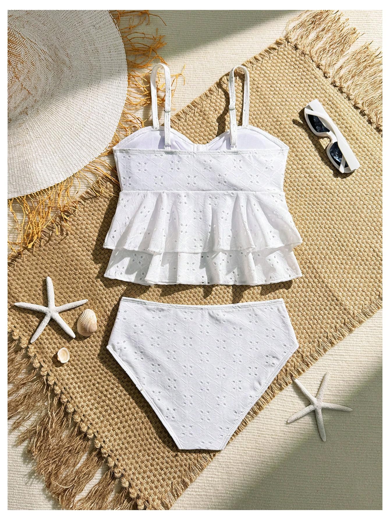 SHENHE Girl's 2 Piece Tankini Swimsuit Ruffle Flounce Bathing Suit Eyelet Embroidery Swimwear White 12Y