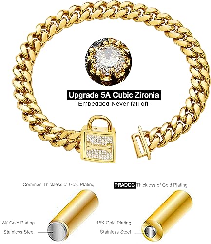 Miniatura 9 de Collar de cadena para perro con cierre de circonita de 0.472 in, cadena de eslabones cubanos de oro de 18 quilates, acero inoxidable, collar de lujo