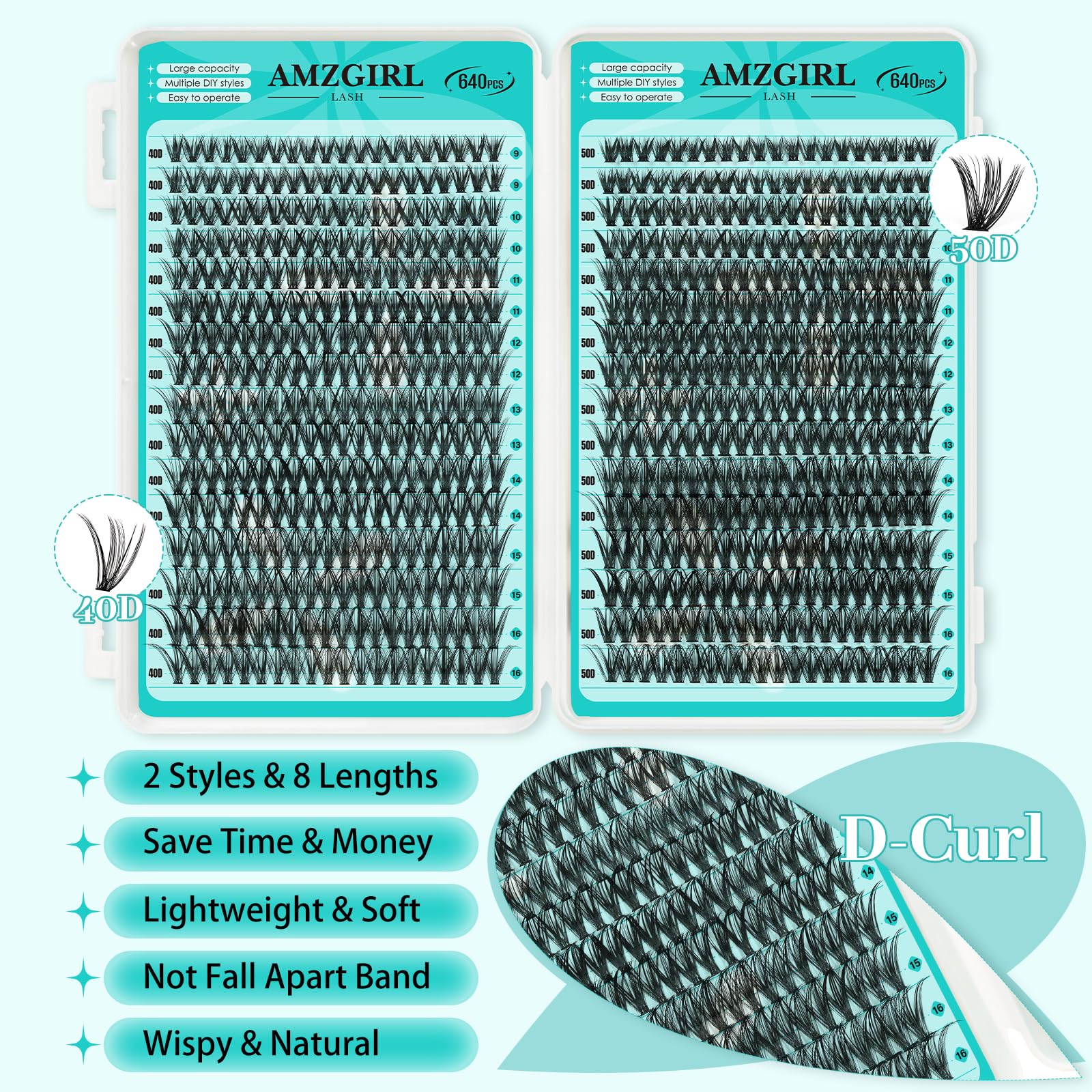 AMZGIRL Lash Clusters 640Pcs, 9-16mm Mix Lashes, 40D+50D