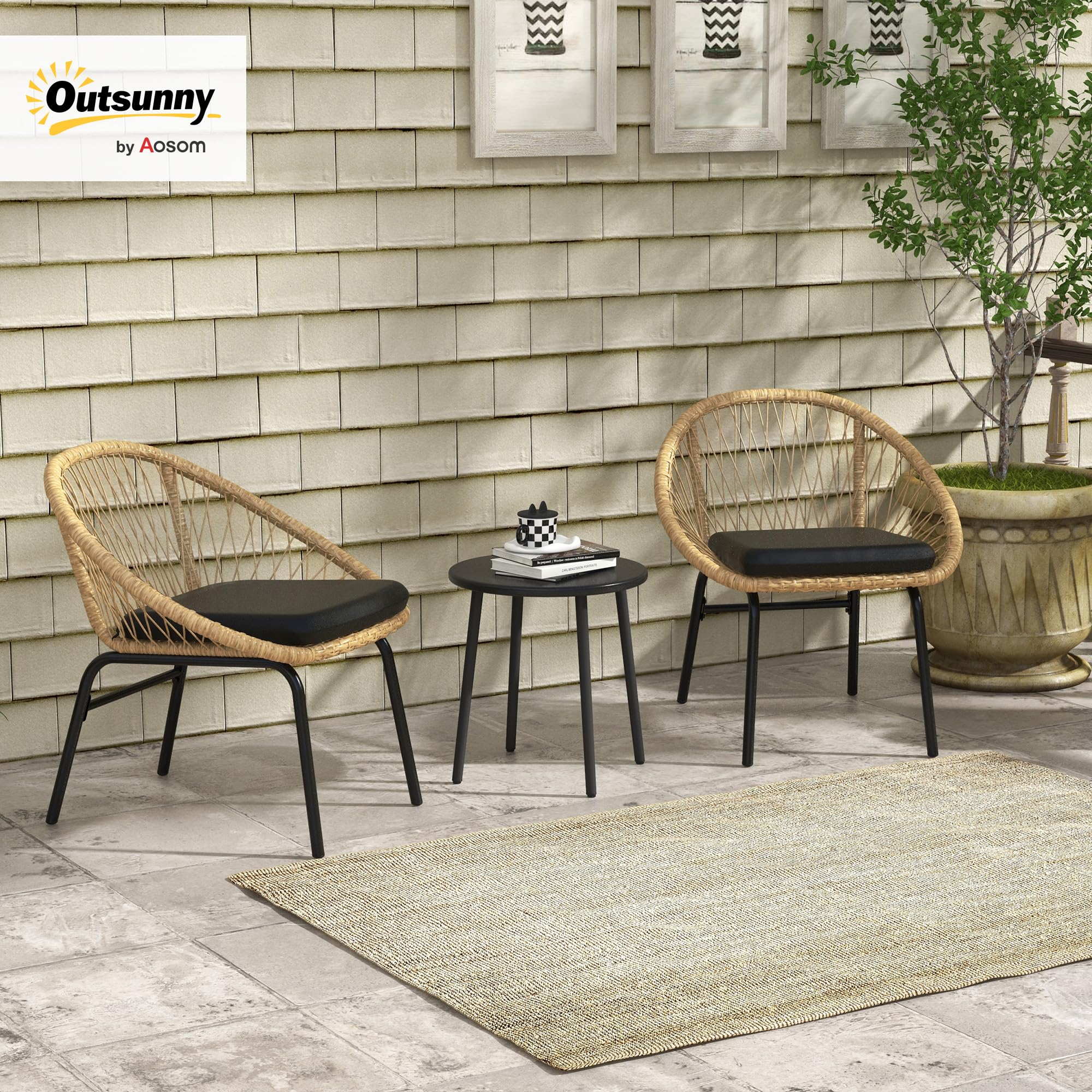 Outsunny 3-TLG. Rattan Gartenmöbel-Set, Balkonmöbel-Set mit Couchtisch Gelb | 2 Stühlen, Sitzgarnitur mit Kissen, Gartensitzgruppe für Balkon, Terrasse, Polyester, Outdoor