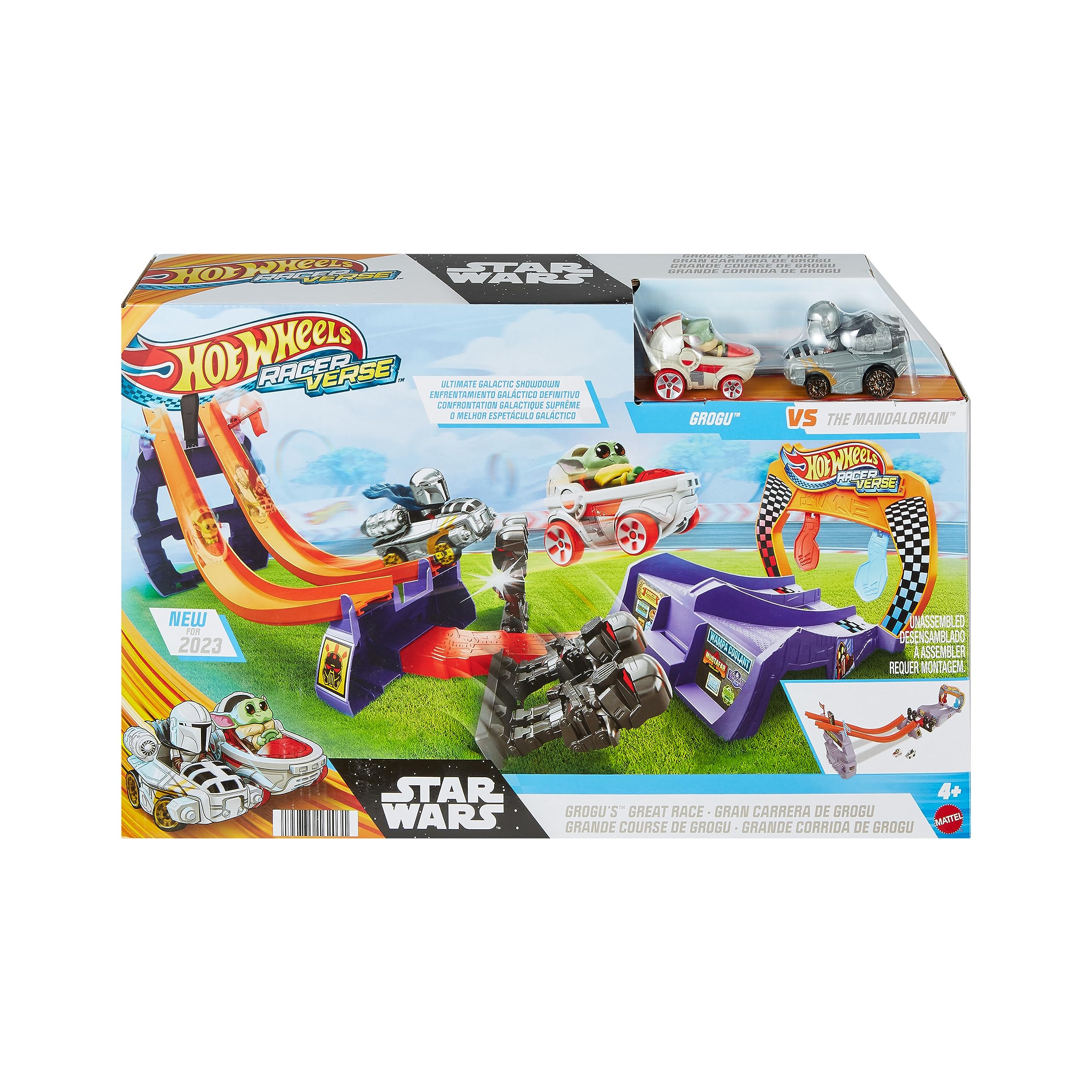 Hot Wheels RacerVerse - La Grande Corsa di Grogu, pista con macchinine da corsa die-cast ispirate a Star Wars, personaggi Grogu e The Mandalorian, giocattolo per bambini, 4+ anni, HPL32