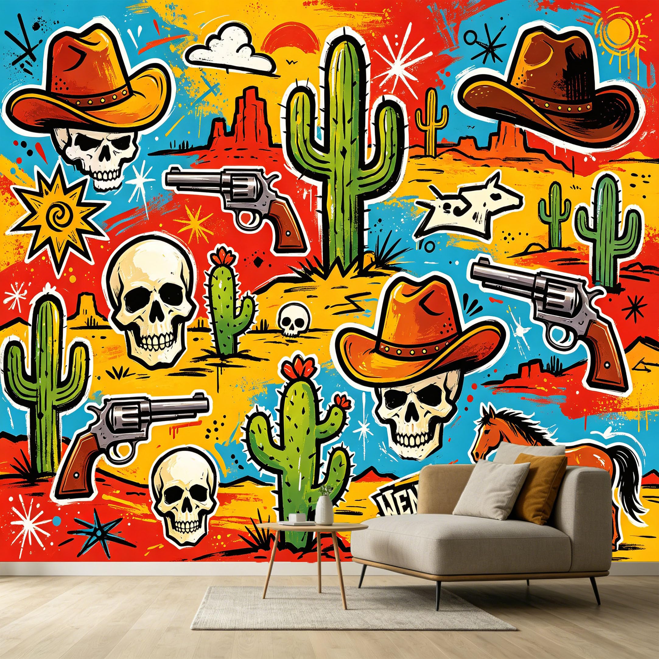 Custom Size Wall Murals Western Desert Cactus Cowboy Skull Revolver Horse Art Abstract SelfAdhesive Wall Fabric Removable Large Wallpaper for Photo Living Room