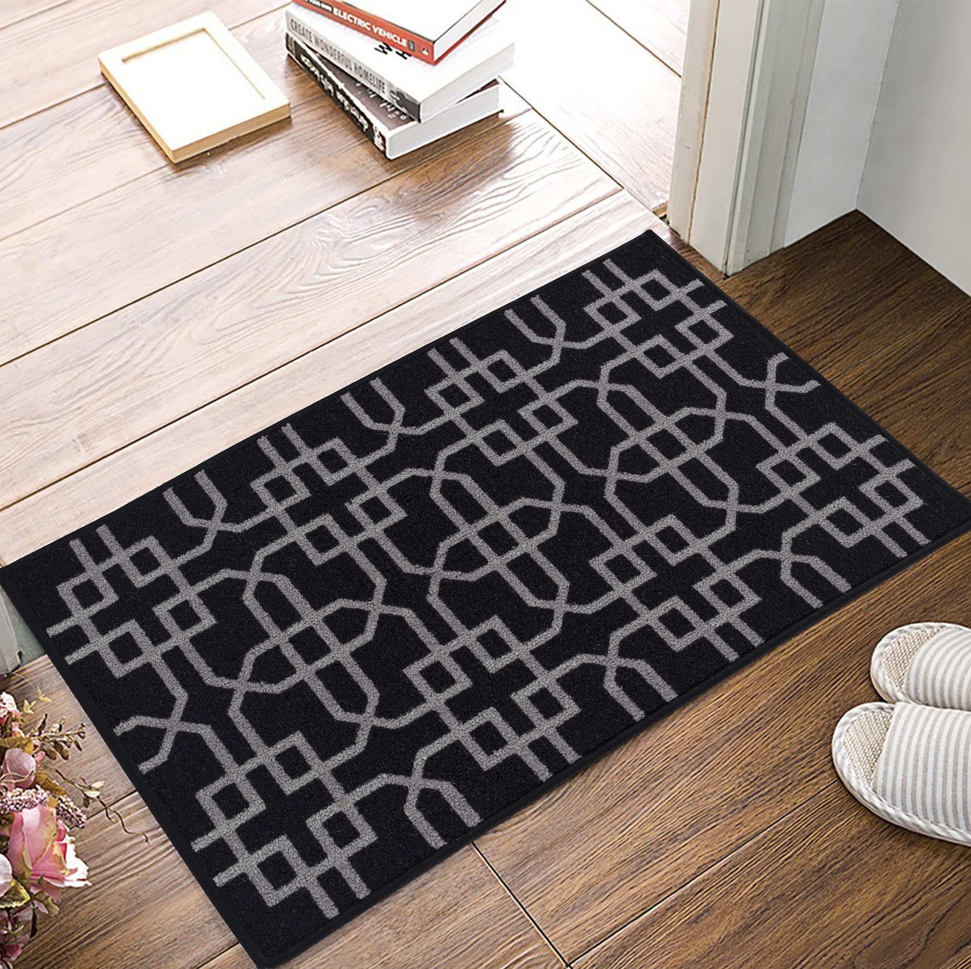 SmartLiving Door Mat Indoor & Outdoor 67X220cm Heavy Duty Siam Non Slip Doormats,Machine Washable,Gel Backed Floor Kitchen Mat,Super Absorbent Gel Back Door Entrance Mats Soft Floor Carpet-Black Grey