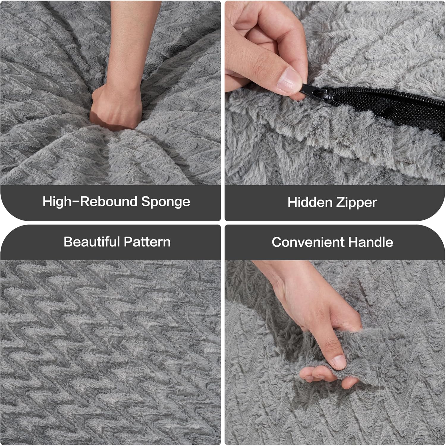 Hobestluk 5ft Bean Bag Chairs for Adults Large Beanbag Chair with Chevron Plush Fur Cover Big Bean Bag Chair for Living Room Bedroom Dorm Office - Grey (50” x 50” x 24”)