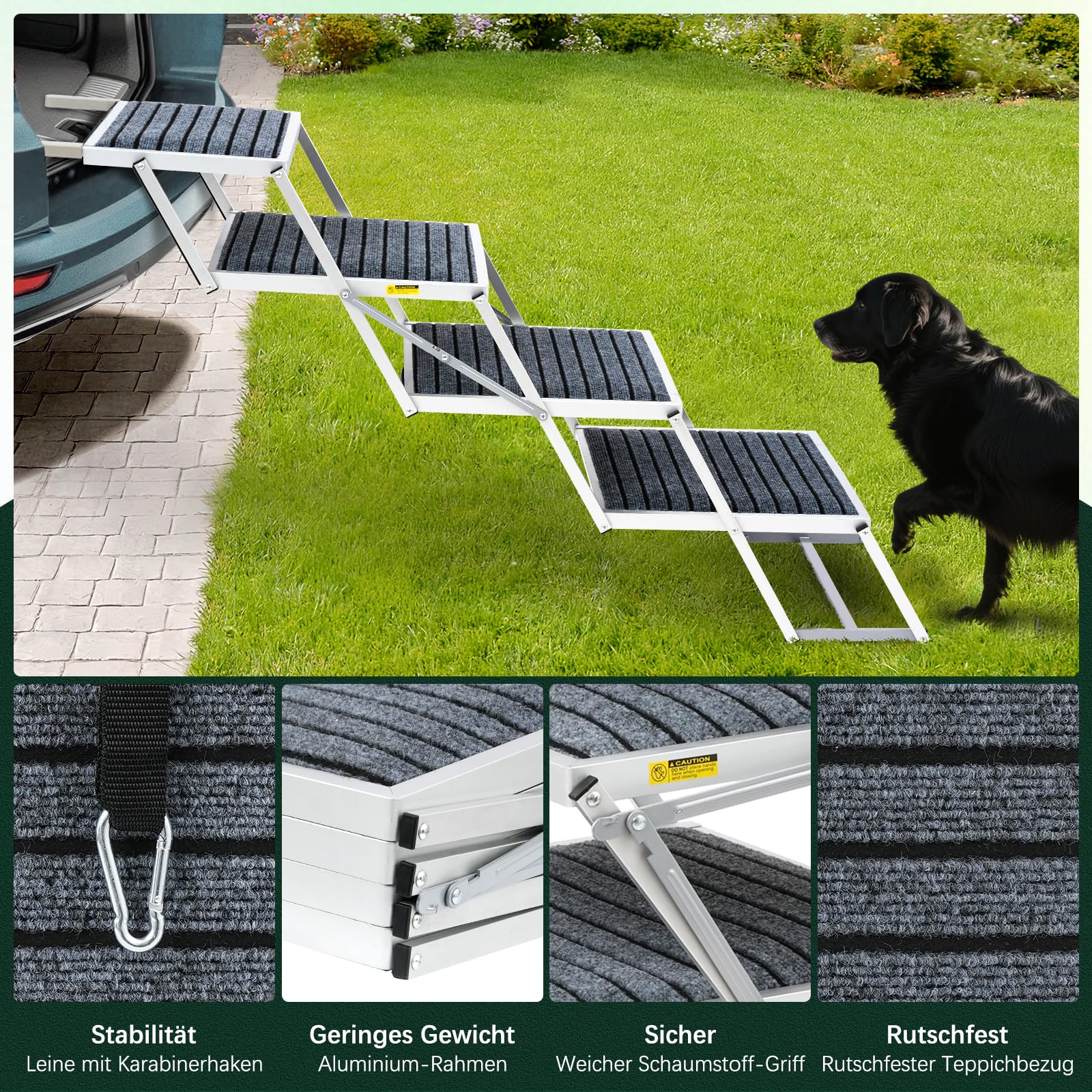 Escalier pour chien de voiture avec tapis, extra large à 4 marches, pliable, léger et antidérapant, pour camion et SUV, supporte jusqu'à 100 kg