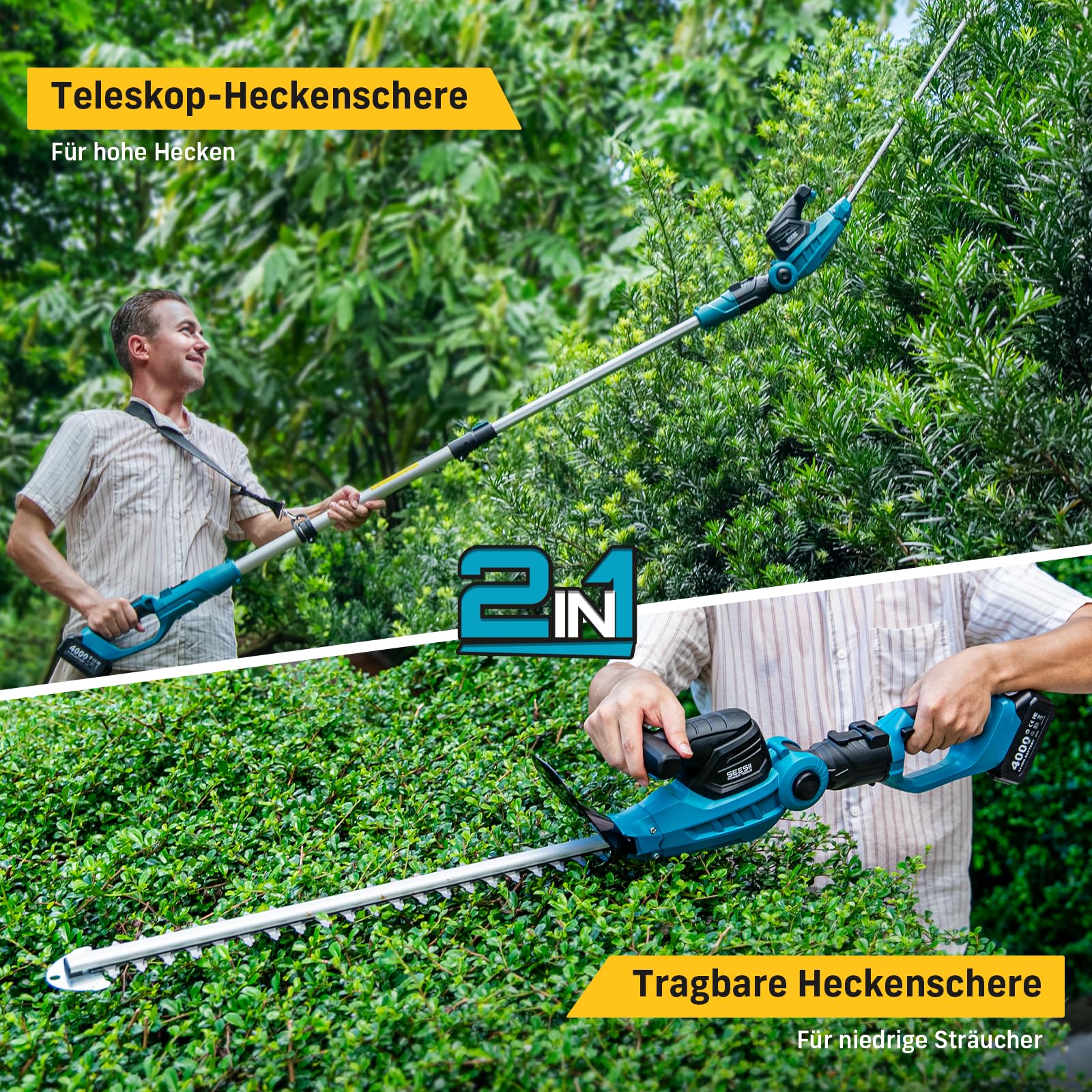 SEESII 2-in-1 Teleskop Heckenschere Akku: Elektrische Heckenschere mit 53 cm Doppelklinge, Teleskopstange bis 2,6 m, 18 mm Schnittstärke, 2 * 4,0 Ah Akkus, für Garten, Bäume und Sträucher CYCPHT05