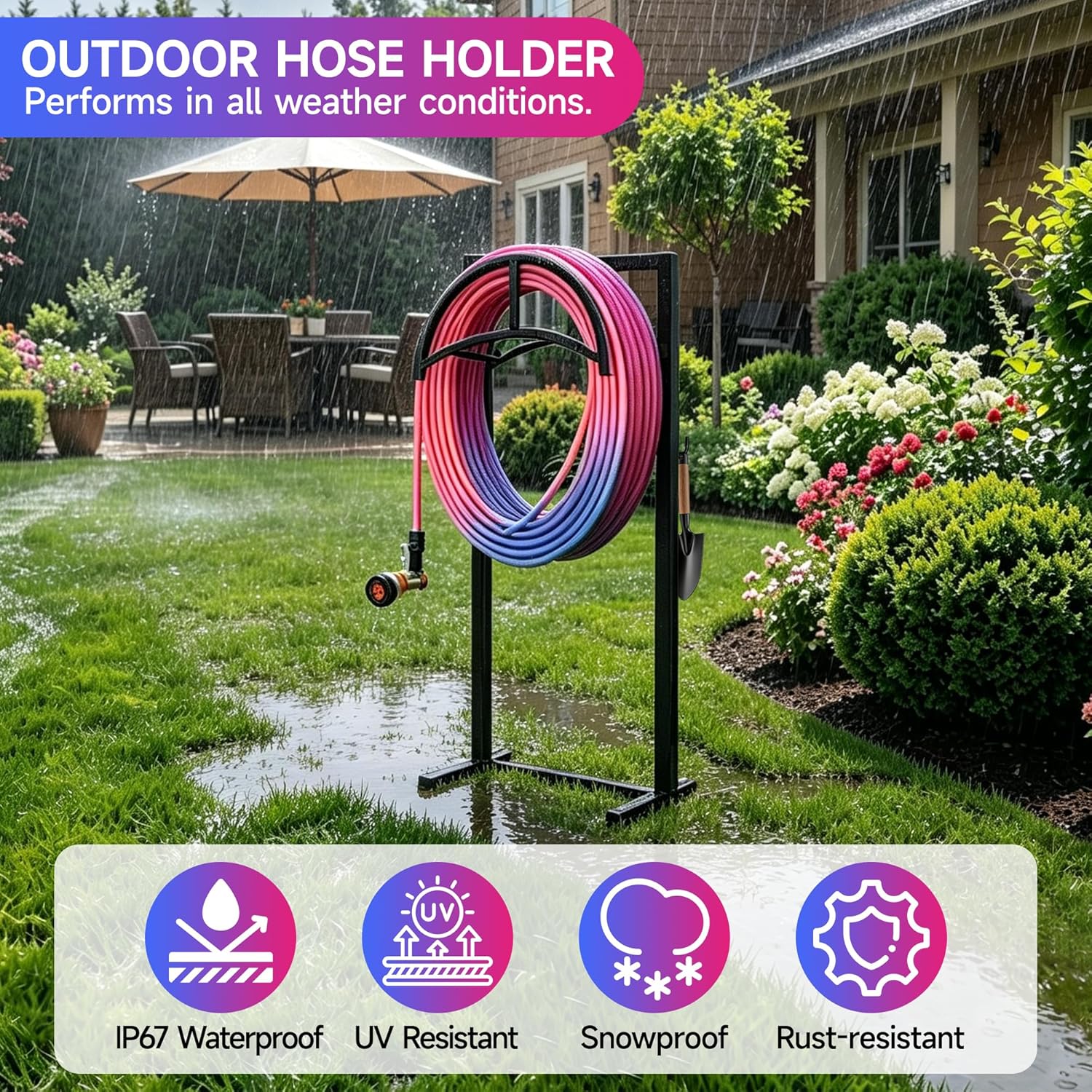 Garden Hose Holder with Stable Base and Tool Hooks, Heavy-Duty Freestanding Water Hose Holder Holds 160 Ft Hose, Detachable Rustproof Garden Hose Storage Hanger Rack for Outside, Yard, Lawn