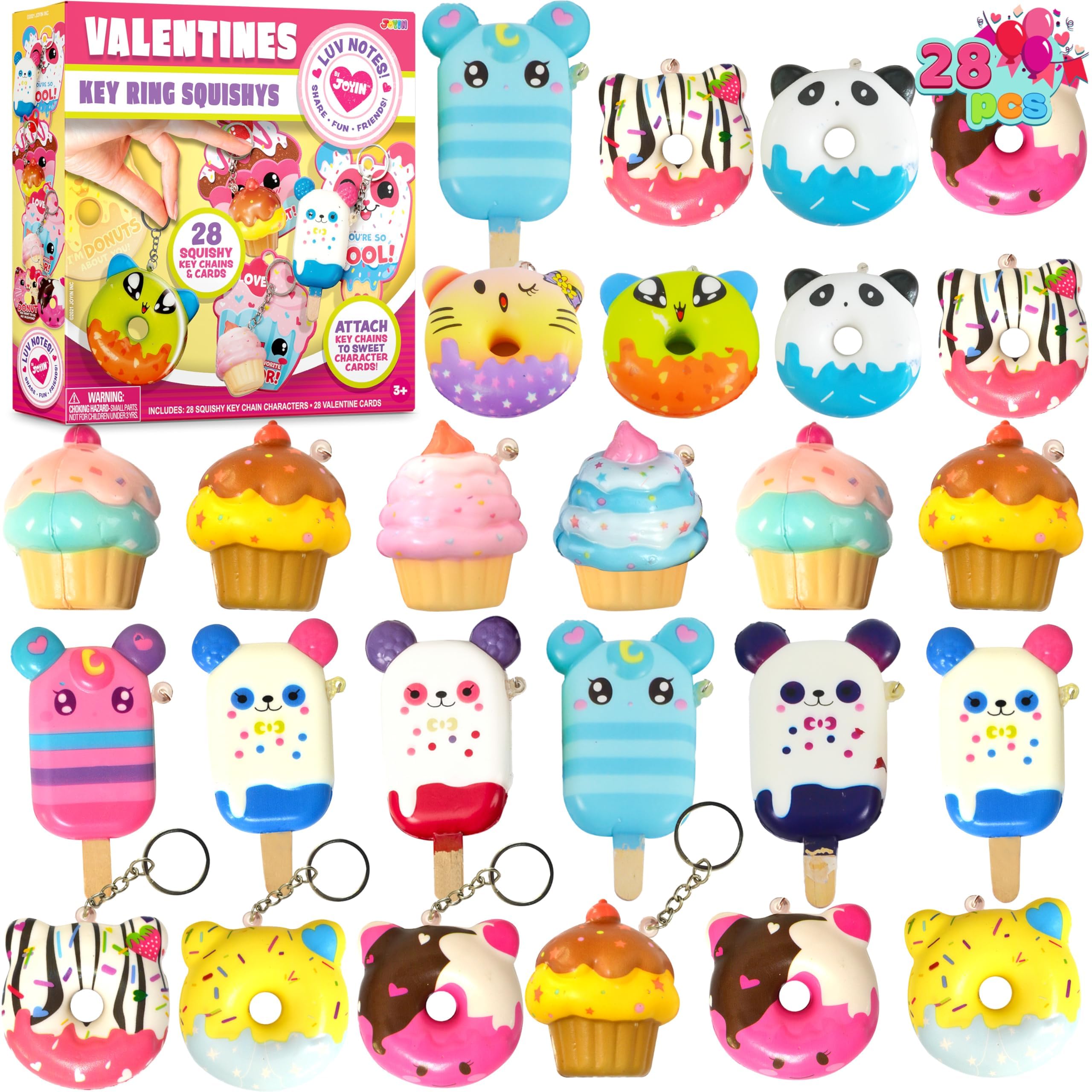 JOYIN 28 Packs Valentine Dessert squishy toys Stress Relief Keychains with Cards for Classroom Exchange Prizes, Fidget Toy Valentine’s Greeting Cards, Valentine Party Favors, Exchange Gifts