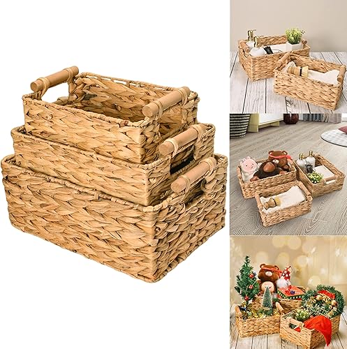 Donmills Cesta de almacenamiento de mimbre rectangular con asas de madera para estantes, cesta de jacinto de agua natural para organización, cubo de