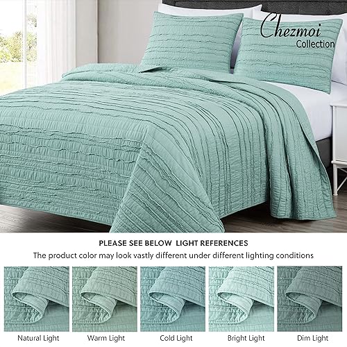 Miniatura 8 de Chezmoi Collection Katy - Juego de edredón de 3 piezas con borde deshilachado 100% algodón lavado, colcha ligera de acabado suave para todas las