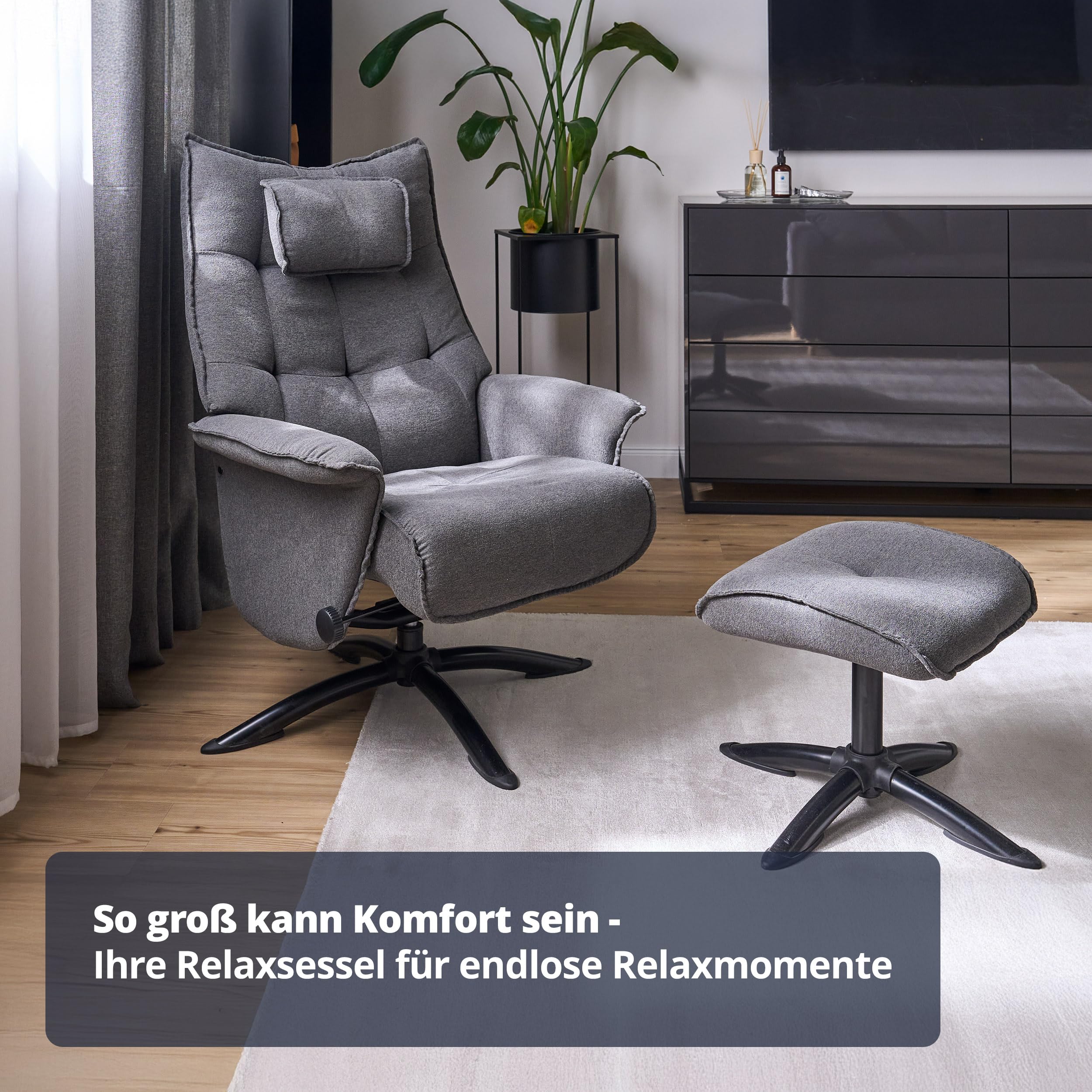 KHG Relaxsessel Grau Mikrofaser mit Hocker - hoher Rücken, weiches Nackenkissen & klappbare Lehne, Sitzhöhe ca. 47 cm, frei im Raum stellbar, Metall-Sternfußgestell, ideal für entspannte Momente