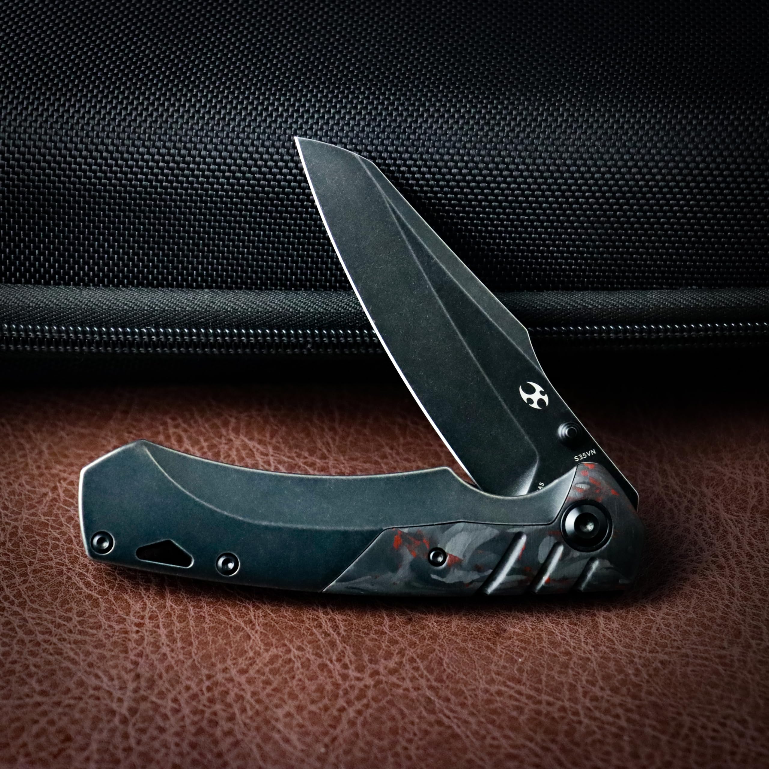 KANSEPT Weim Pocket Folding Knives for Men EDC Camping Knife 3.28'' Black Stonewashed CPM S35VN Material with Black Stonewashed Titanium + Red Carbon Fiber Handle K1051A5