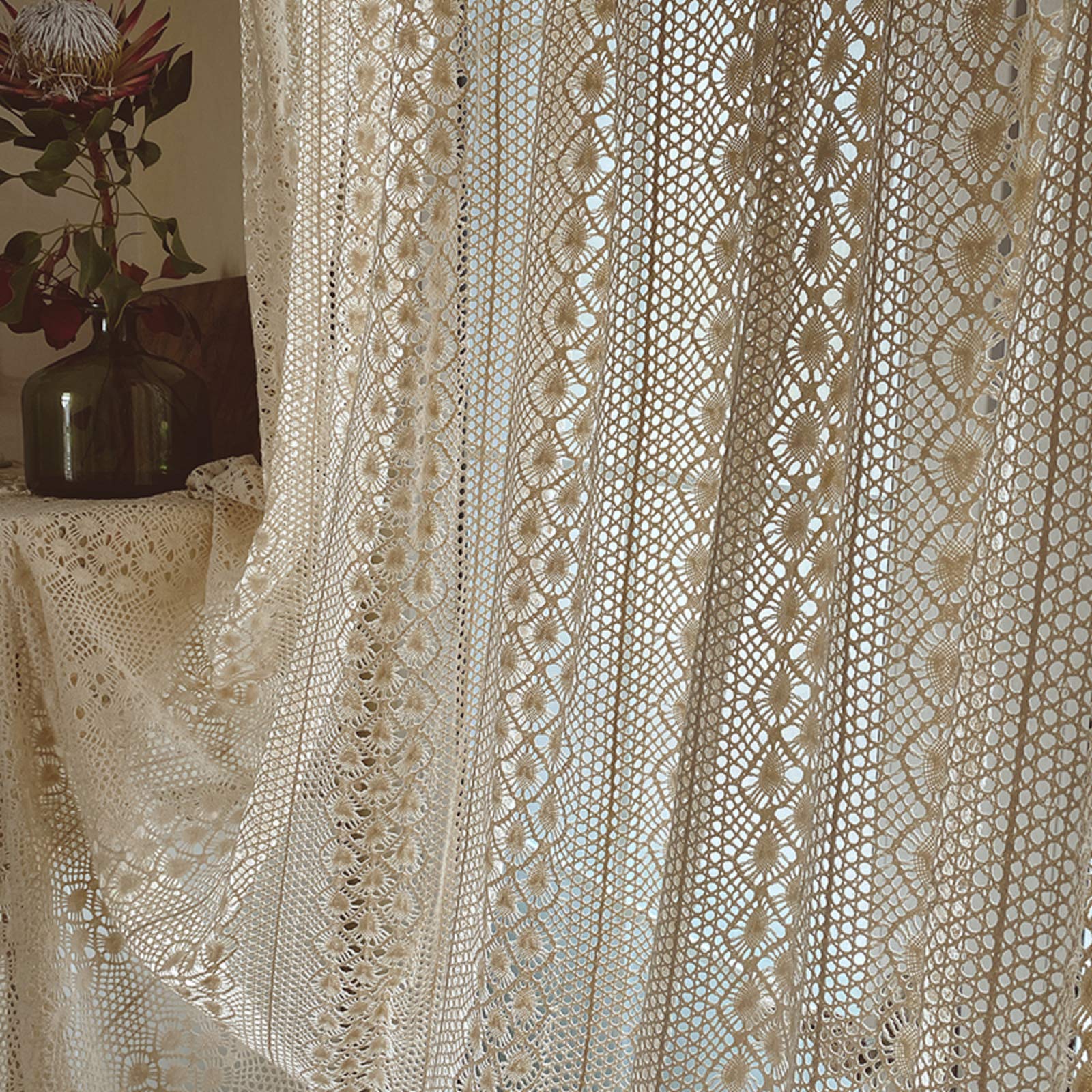 Beżowe/przezroczyste zasłony/do sypialni, bawełniana lniana/szydełkowanie/zasłona, retro/kieszeń na karnisz, okno boho szykowne/zaciemniające zasłony okienne - beżowe, 200 x 240 cm, 1 panel