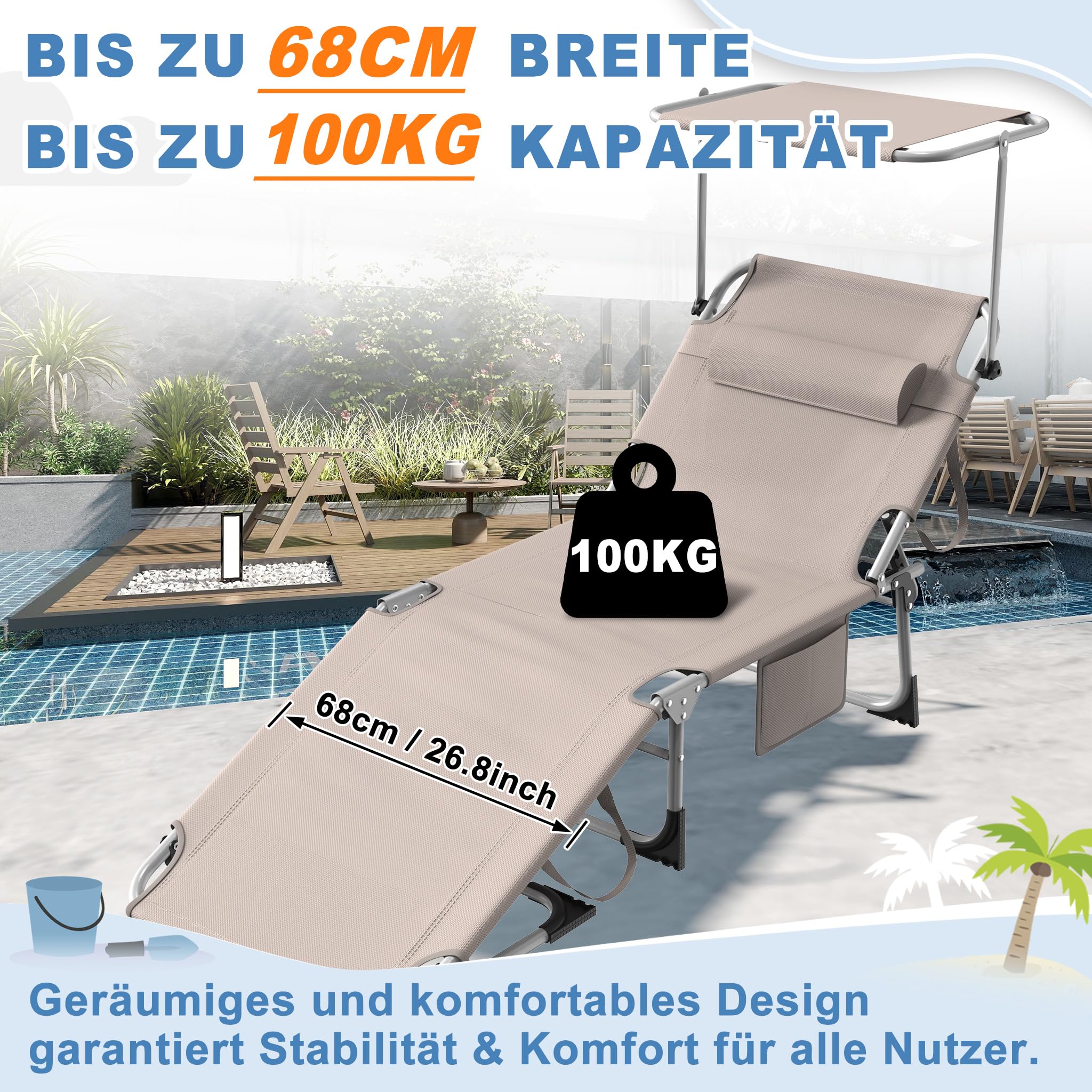 YRHome Leżak ogrodowy z dachem, leżak ogrodowy z poduszką pod głowę, składane oparcie, ochrona przed słońcem do 100 kg, na plażę, kemping, balkon, taras, khaki