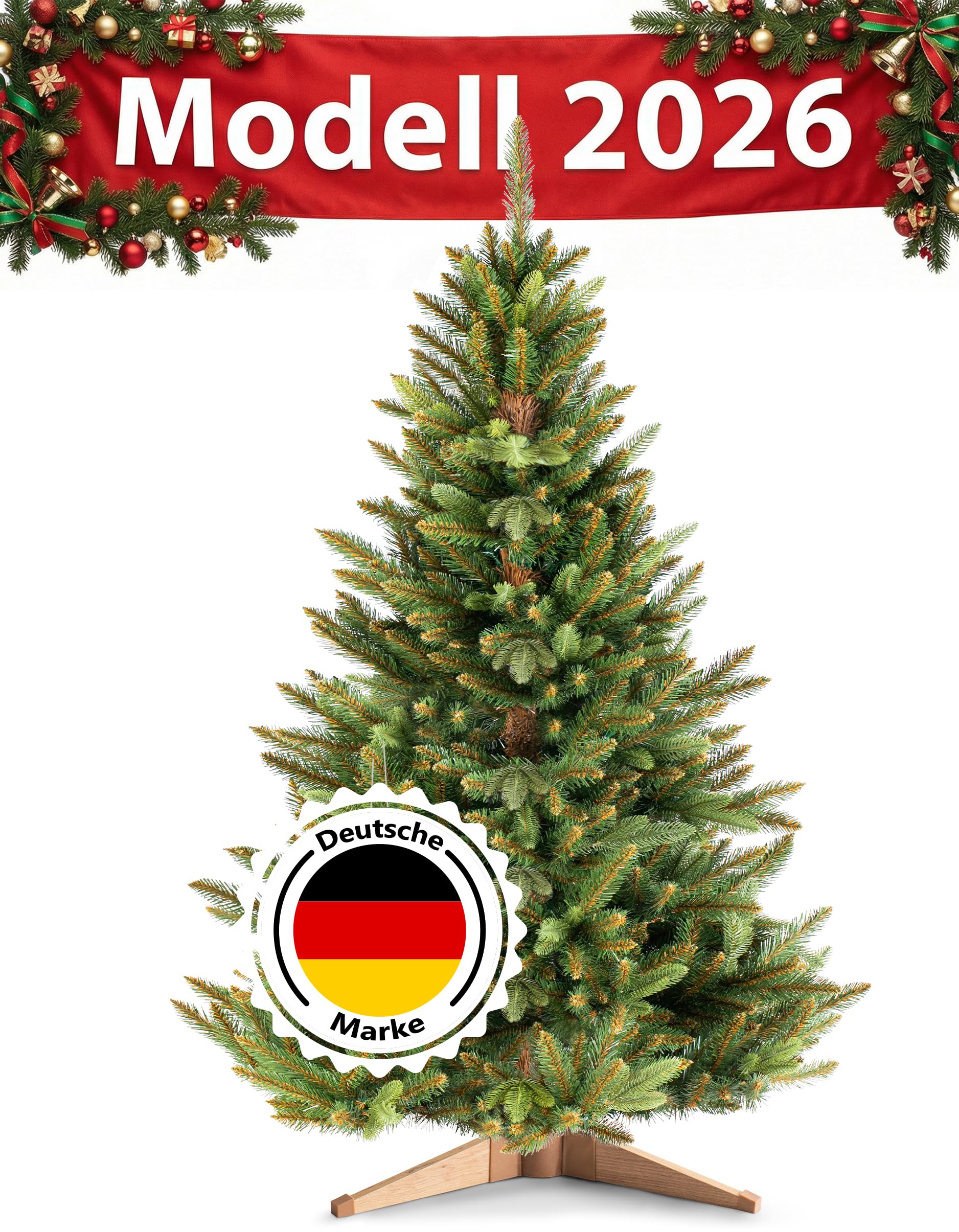 Premium Künstlicher Weihnachtsbaum 180 cm - 10 Jahre Garantie | dichte Zweige Ø 115 cm | Nordmanntanne mit braunem Stamm & Holzständer | Tannenbaum künstlich I Made in EU